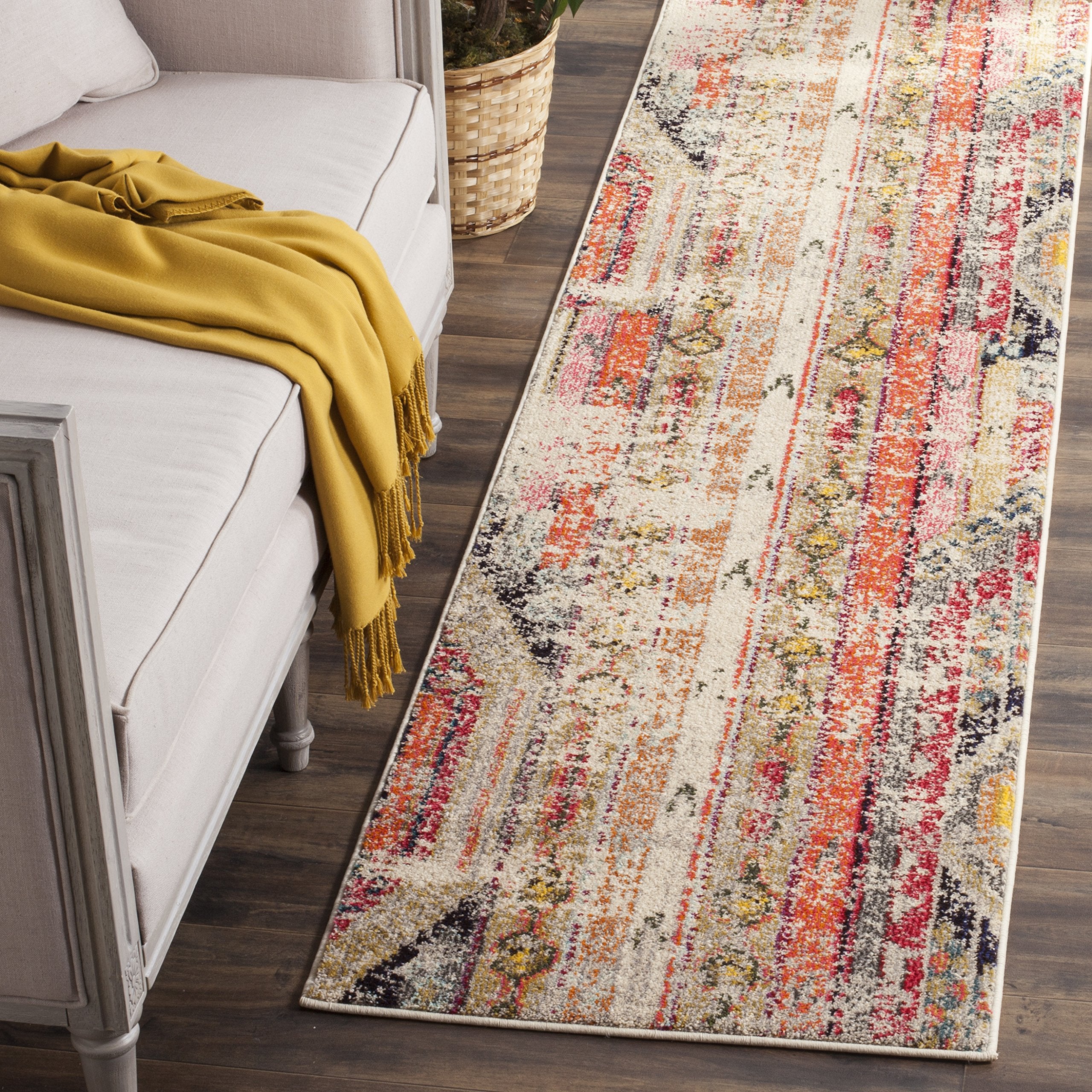 SAFAVIEH Monaco Collection Runner Rug - 22 x 14, Light Grey & Multi, Boho Chic Tribal Distressed Design, Non-Shedding & Easy C