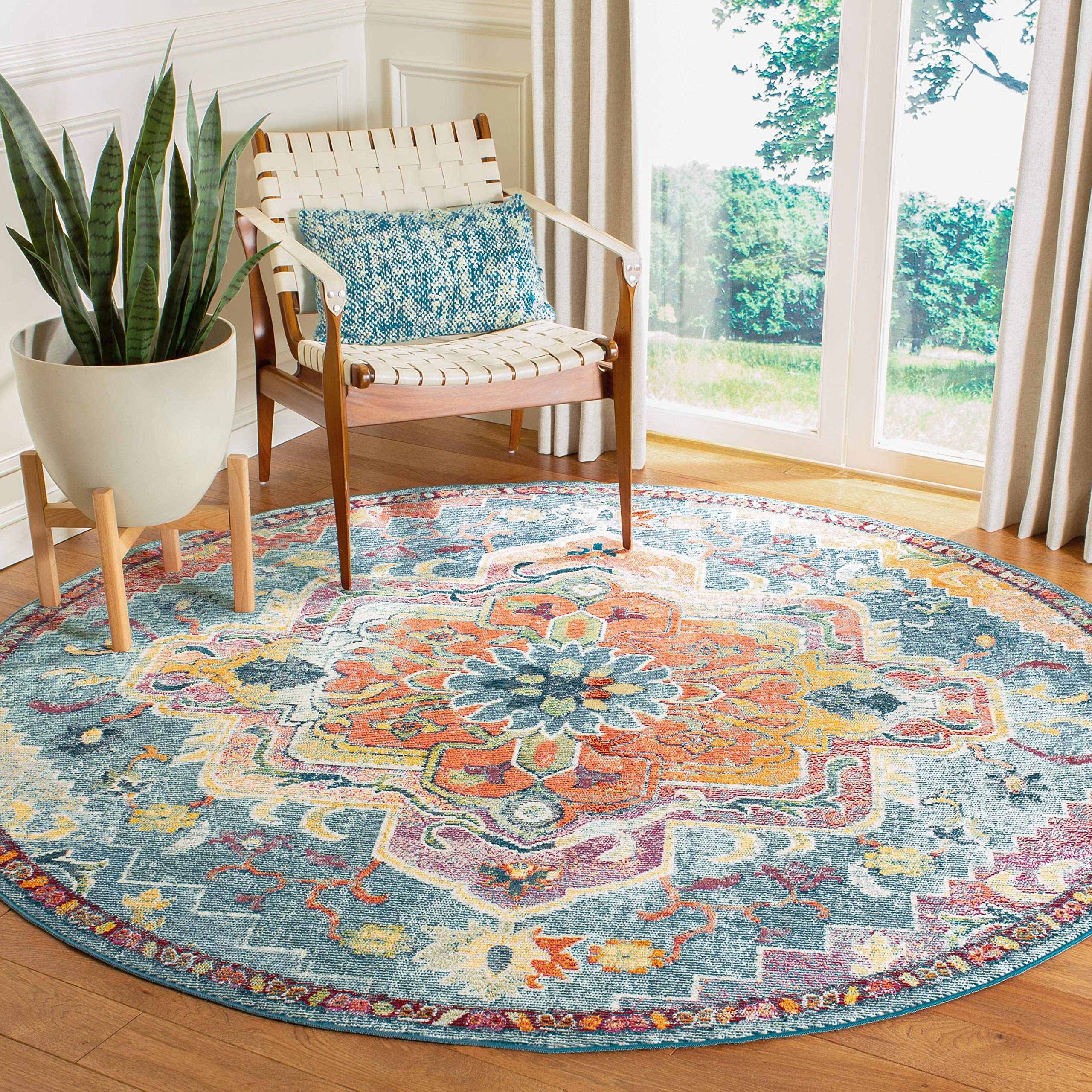 SAFAVIEH Crystal Collection 4 Round Teal/Orange CRS501J Boho Chic Oriental Medallion Distressed Non-Shedding Dining Room Entryw