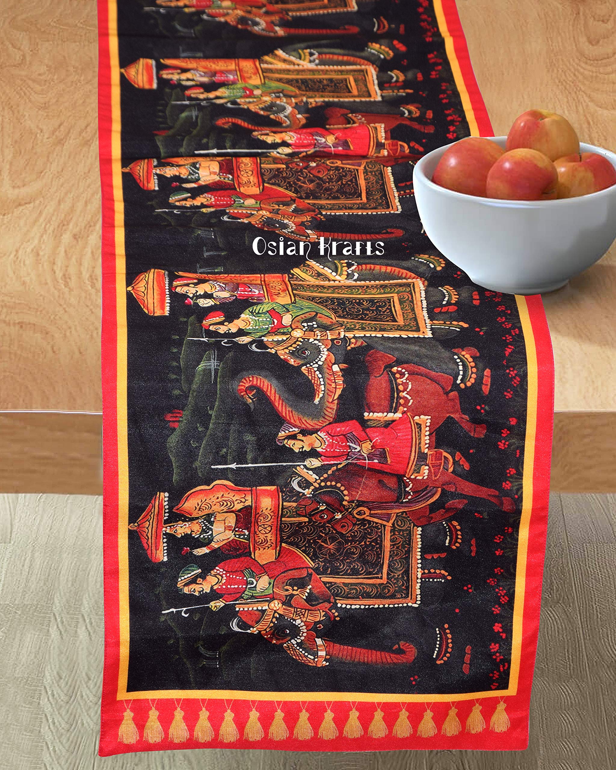 Osian Krafts Diwali Decor Gift Traditional Home Dupion Polyester Silk Digital Printed Multi & Black Elephant Table Runner for Di