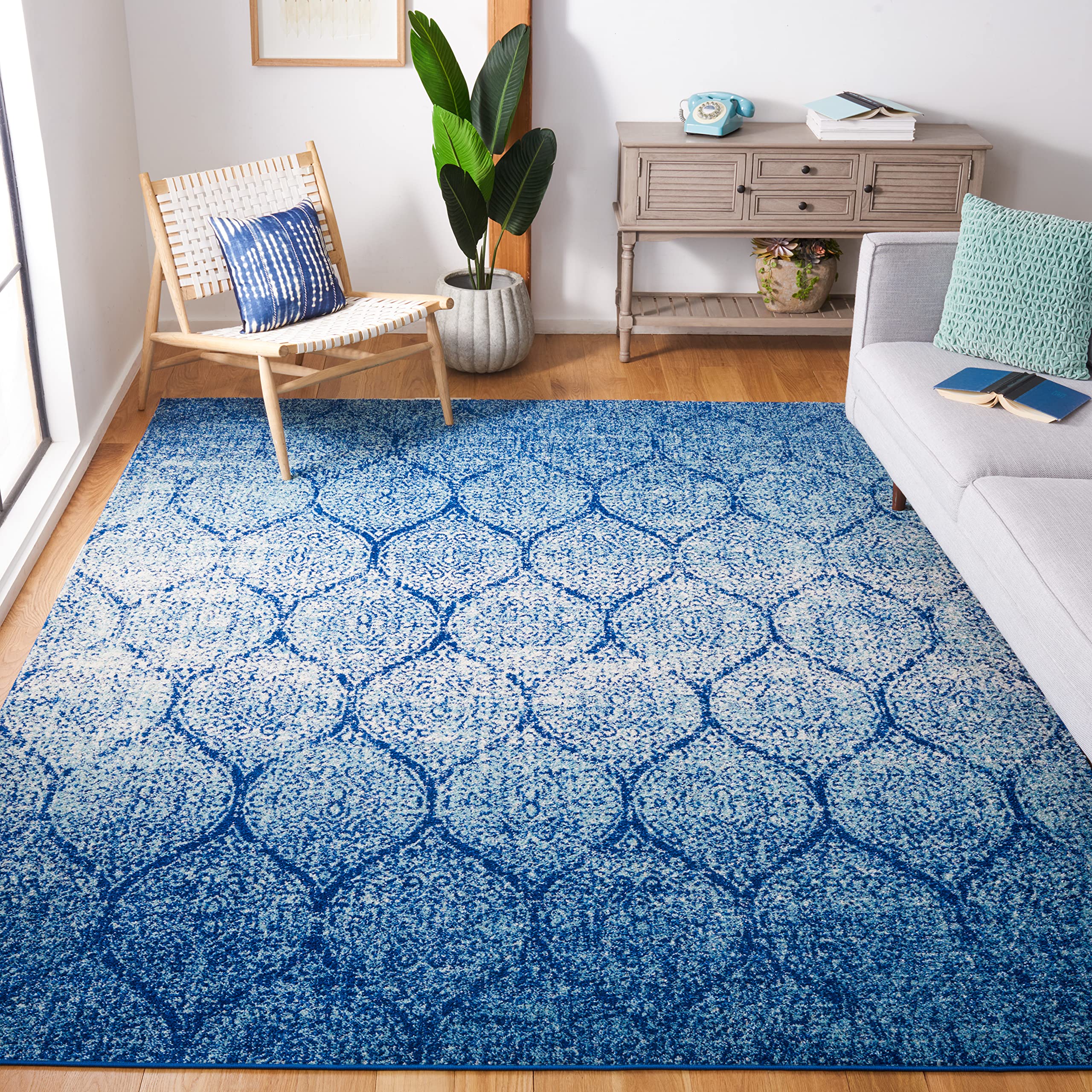SAFAVIEH Madison Collection Area Rug - 10 x 14, Navy & Blue, Glam Ogee Trellis Distressed Design, Non-Shedding & Easy Care, Id