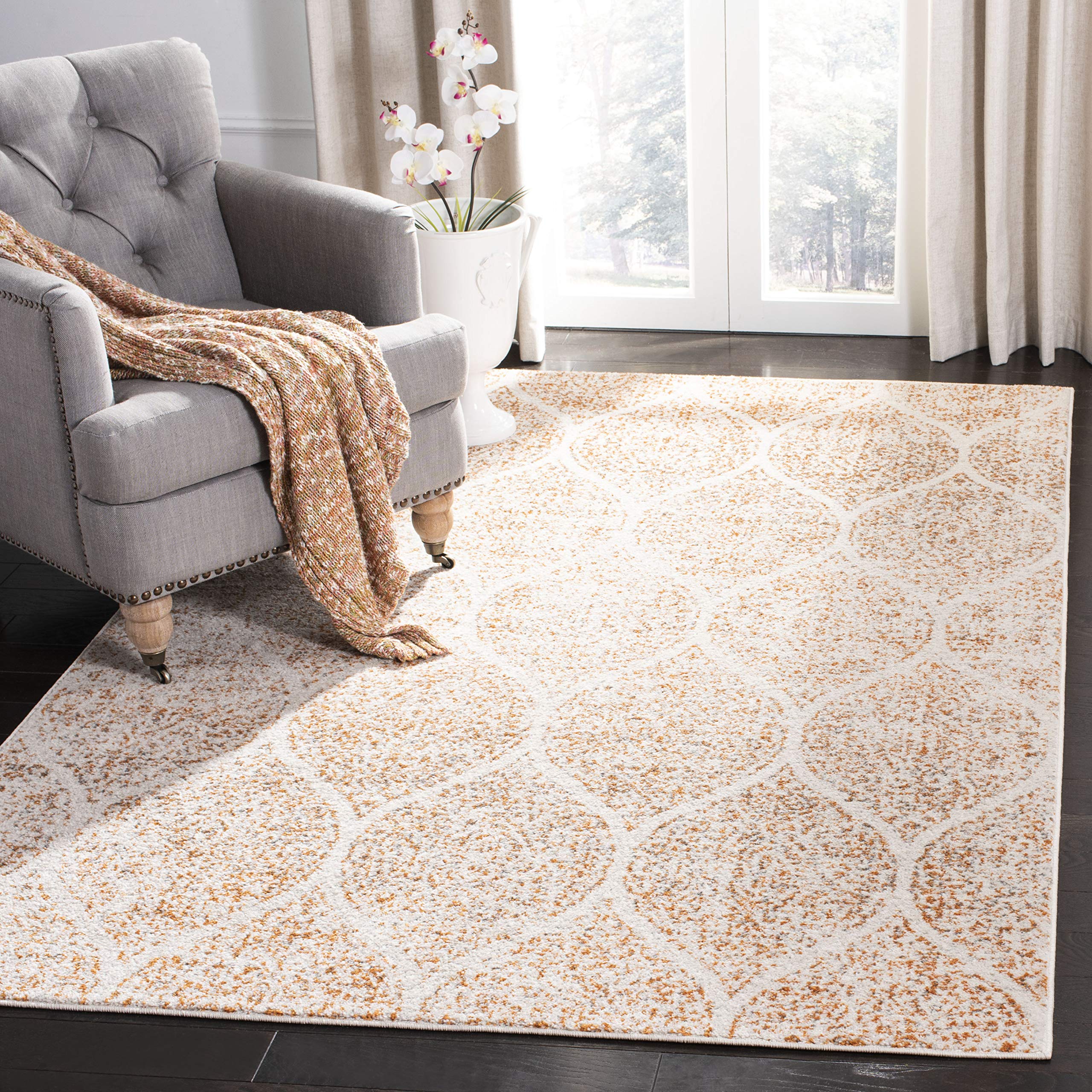 SAFAVIEH Madison Collection Area Rug - 53 x 76, Cream & Orange, Glam Ogee Trellis Distressed Design, Non-Shedding & Easy Care,