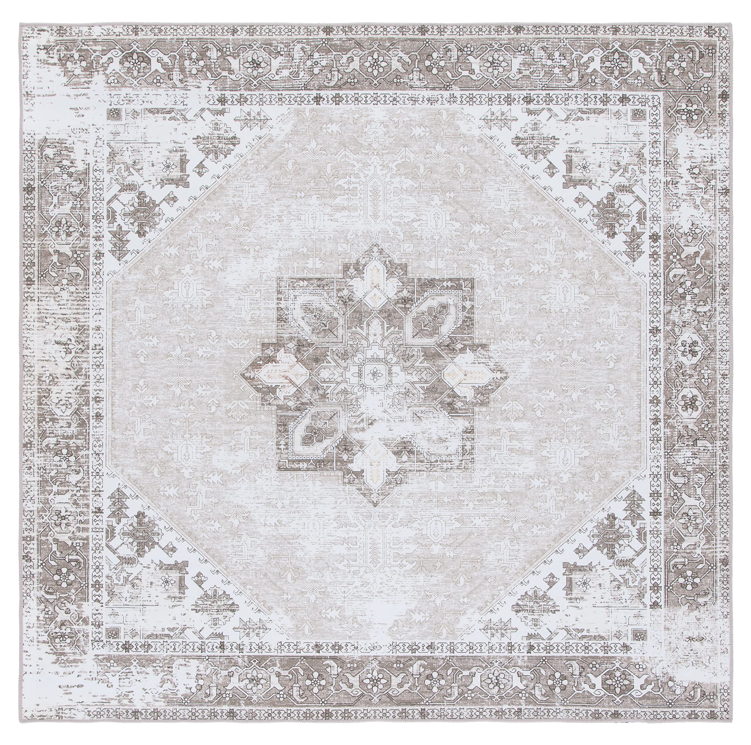 SAFAVIEH Tucson Collection Area Rug - 8 Round, Grey Blue & Rust, Persian Medallion Design, Machine Washable Ideal for High Traf