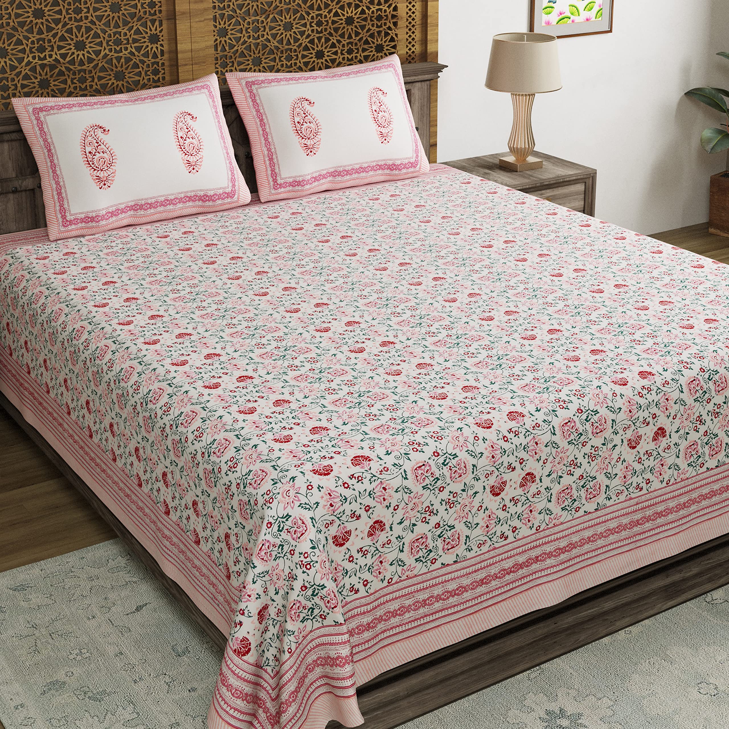 Blocks Of India Hand Block Floral Printed 200 Tc Cotton King Size Bedsheet (Pink Jaal, Pack Of 1)
