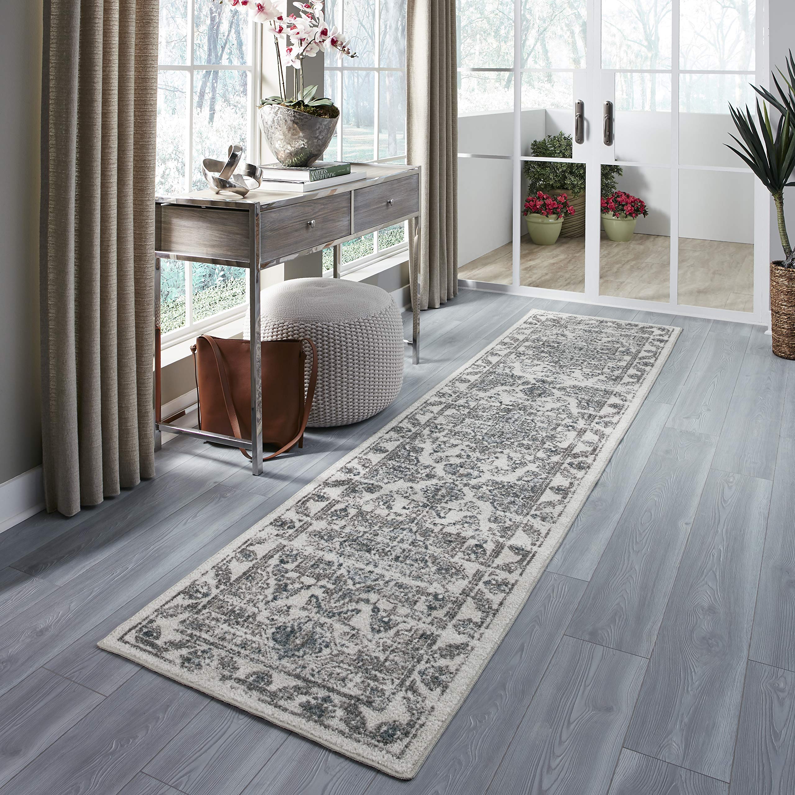 Maples Rugs Distressed Tapestry Vintage Non Slip Runner Rug For Hallway Entry Way Floor Carpet [Made in USA], 26 x 10, Neutral