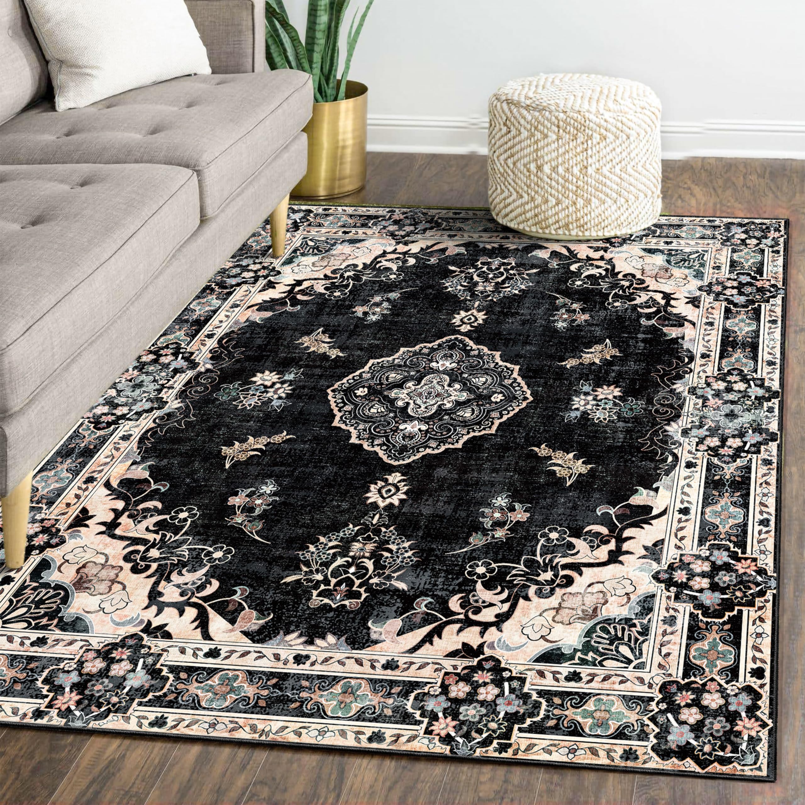 MUJOO Area Rugs 5x7Black,Boho Rug for Bedroom Living Room Dining Room, Large Machine Washable Non Slip Carpet Vintage Bohemian