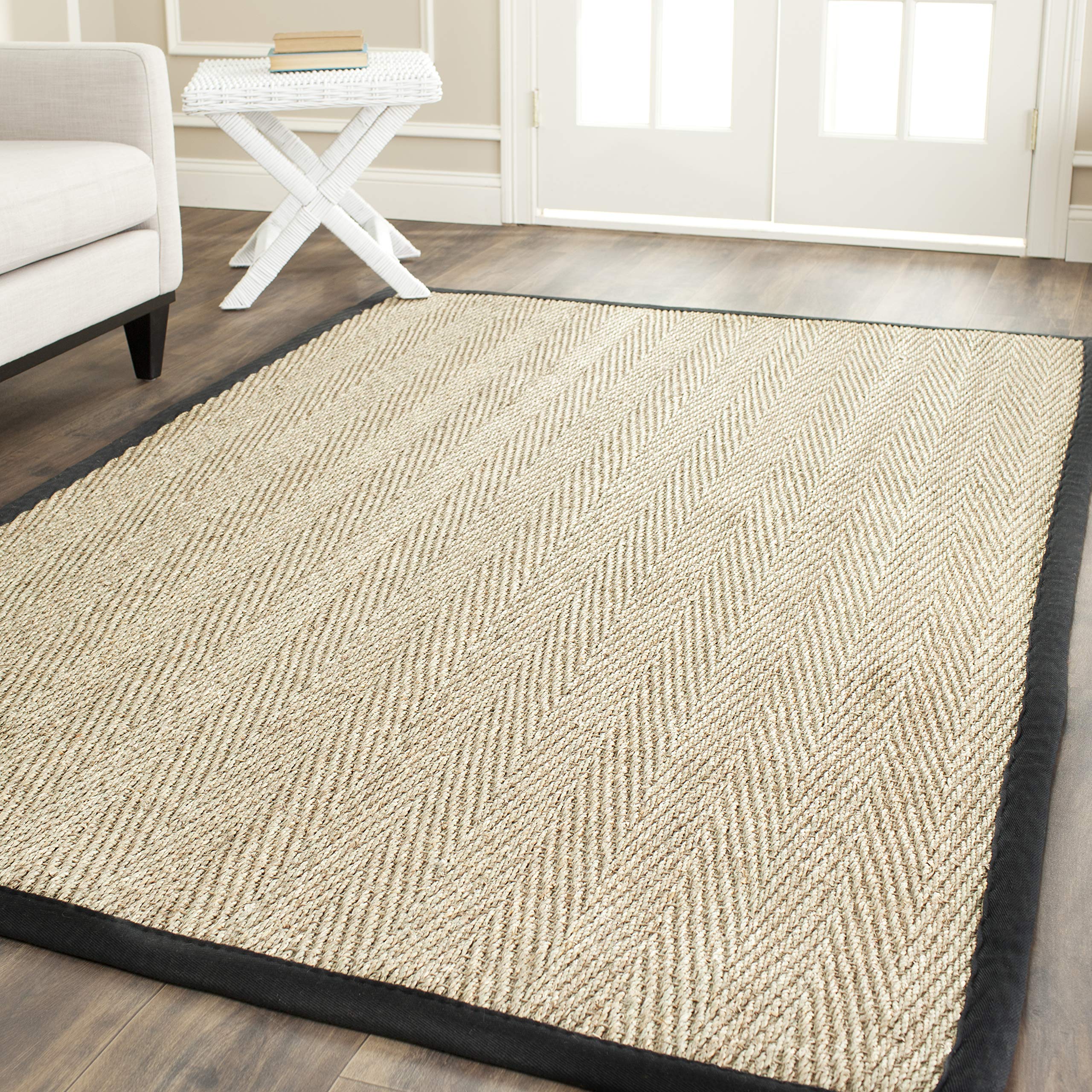SAFAVIEH Natural Fiber Collection Area Rug - 4 Square, Natural & Black, Border Herringbone Seagrass Design, Easy Care, Ideal fo