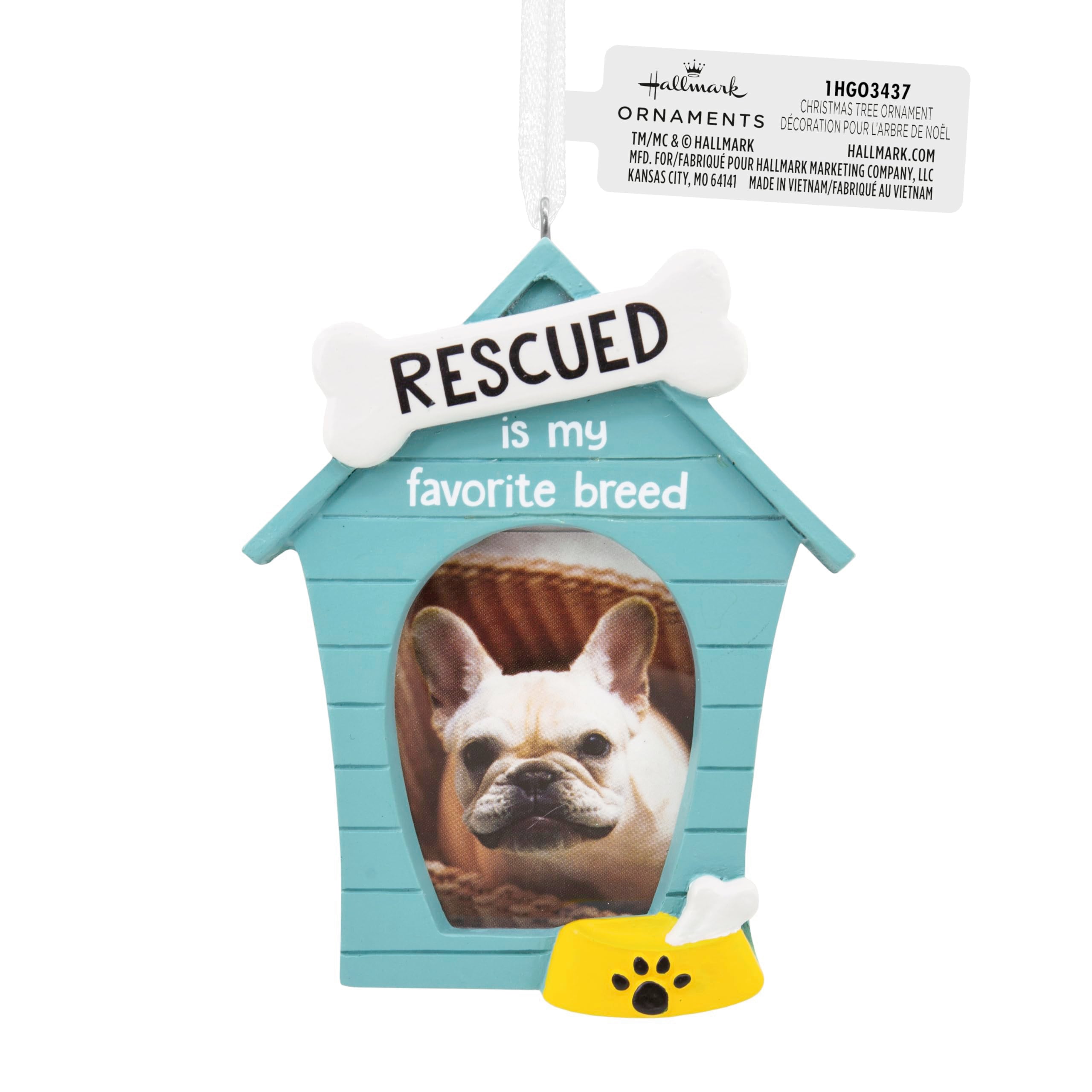 Hallmark Rescued is My Favorite Breed Blue Doghouse Photo Frame Christmas Ornament