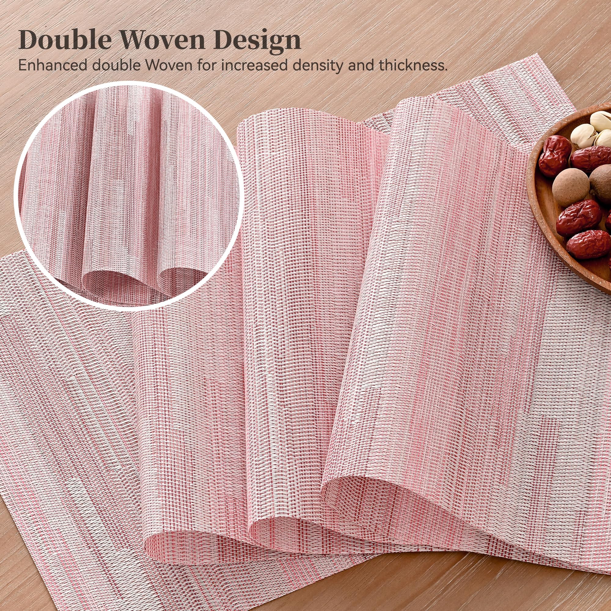 Leetaltree Misty Rose Placemats Set Of 6 - Heat Resistant Non-Slip Place Mats For Dining Table, Washable Durable Pvc Vinyl Woven