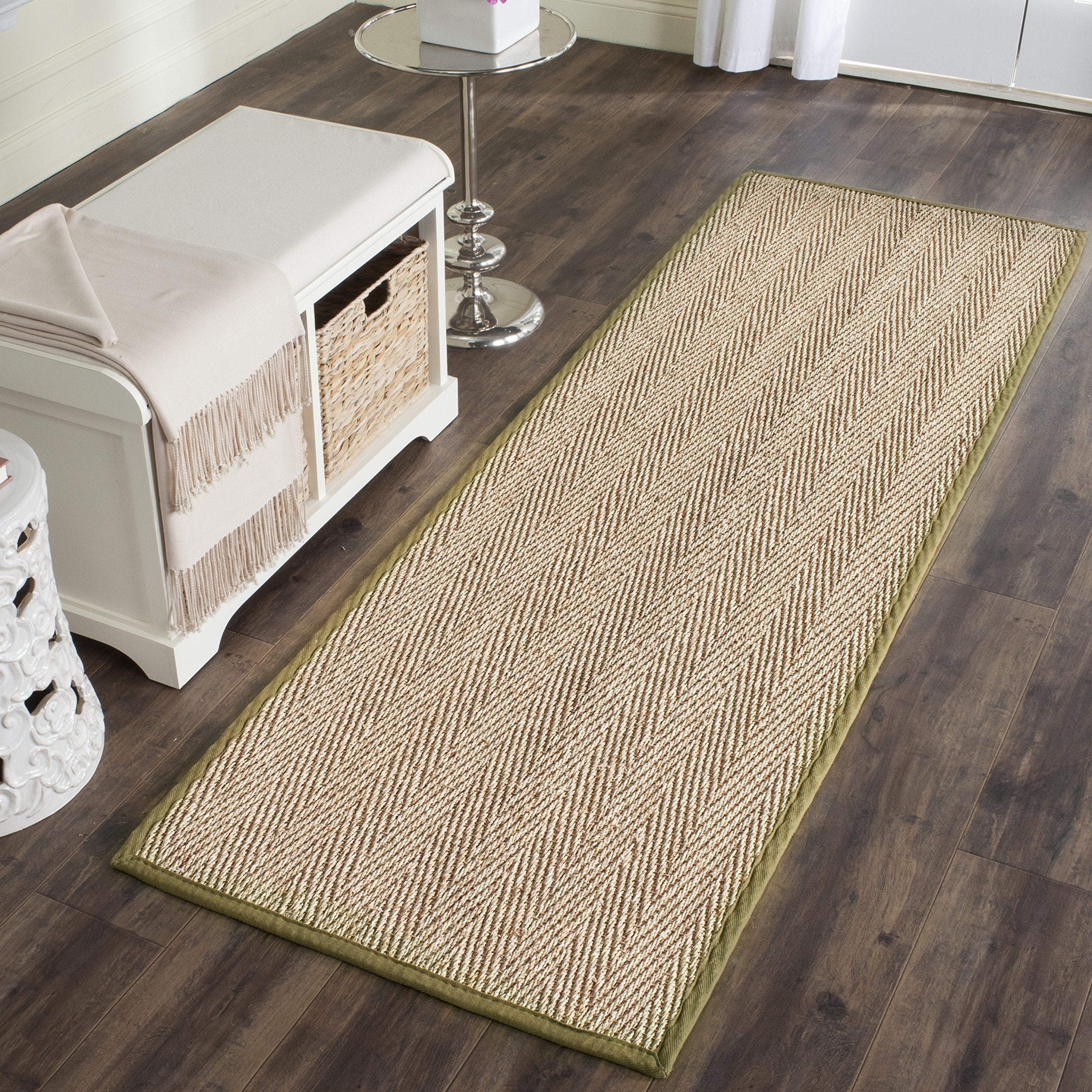 Safavieh Natural Fiber Collection Runner Rug - 26 x 10, Natural & Olive, Border Herringbone Seagrass Design, Easy Care, Ideal 