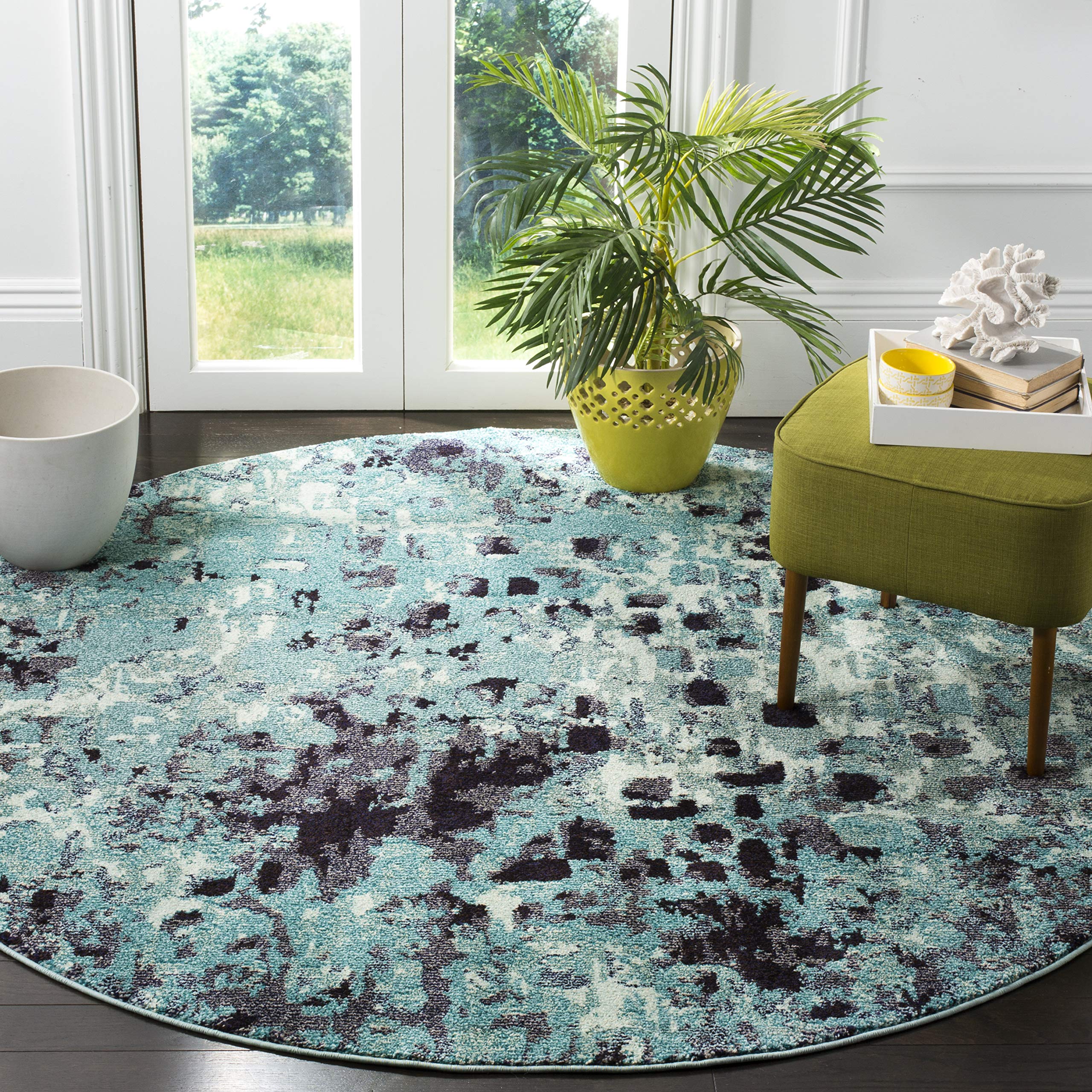 SAFAVIEH Monaco Collection 67 Round Light Blue/Multi MNC225J Boho Chic Abstract Watercolor Non-Shedding Dining Room Entryway Fo