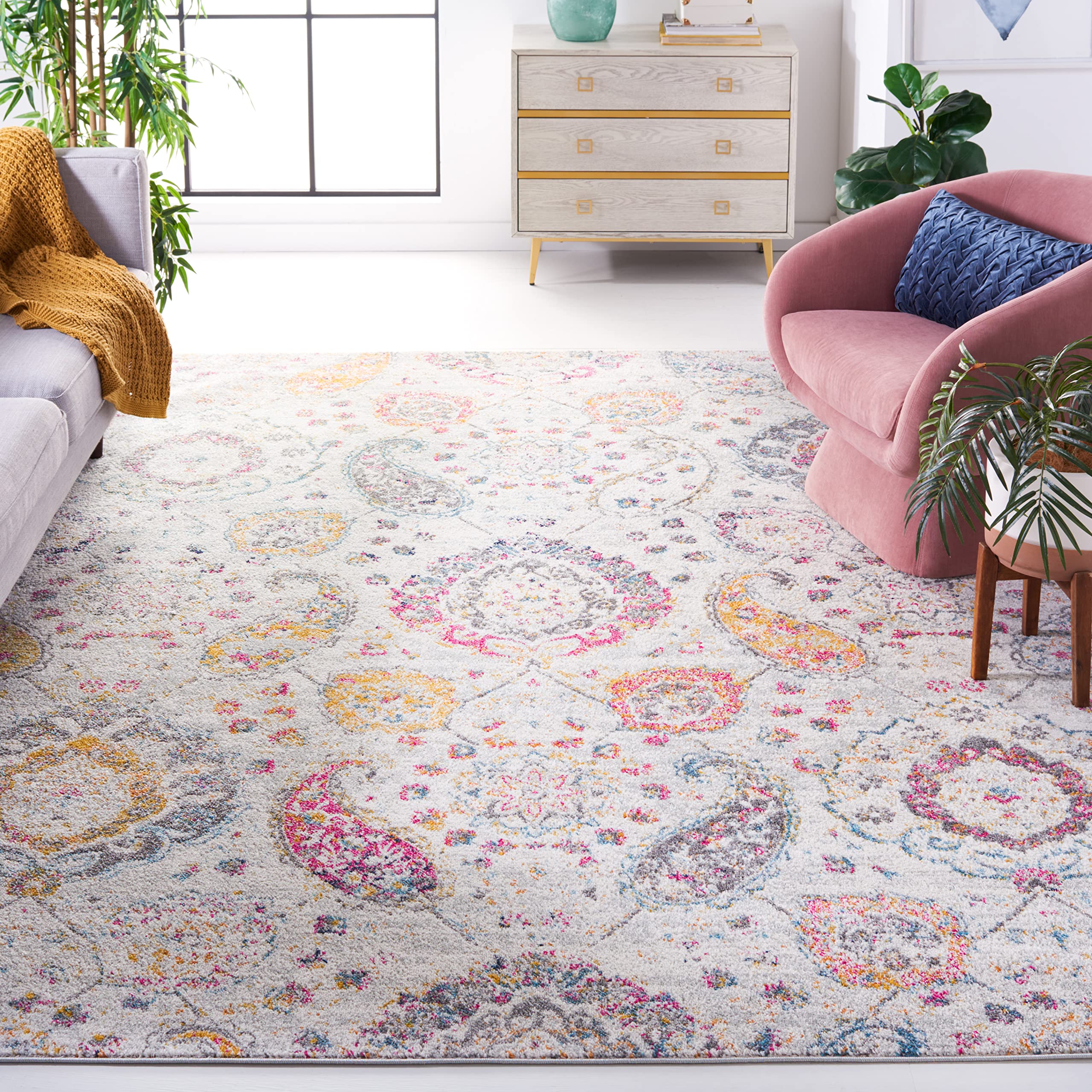 SAFAVIEH Madison Collection Area Rug - 10 x 14, Grey & Gold, Boho Chic Glam Paisley Design, Non-Shedding & Easy Care, Ideal fo