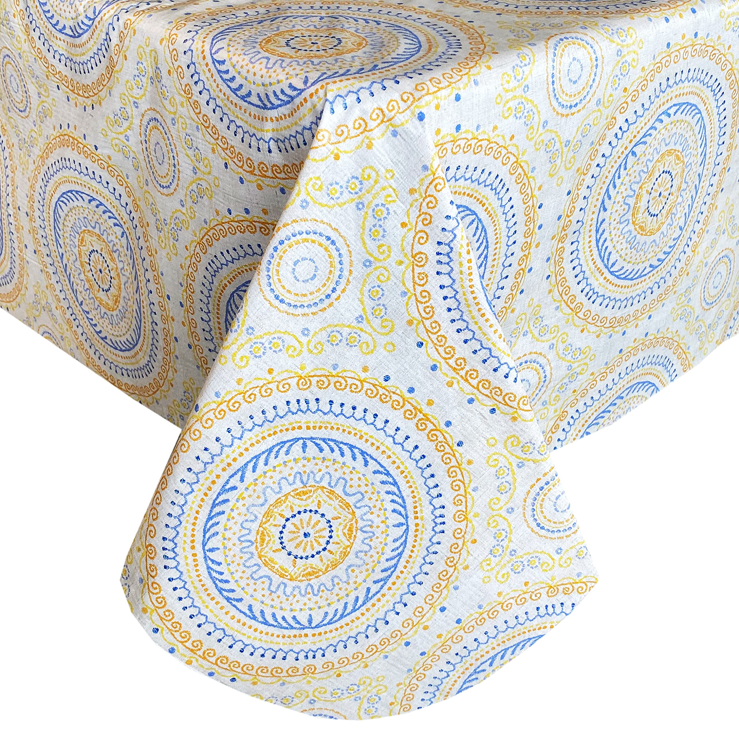 Newbridge Boho Circle Stitch Vinyl Tablecloth With Flannel Backing, Blue, Yellow And Coral Spring And Summer Indoor Outdoor Flan