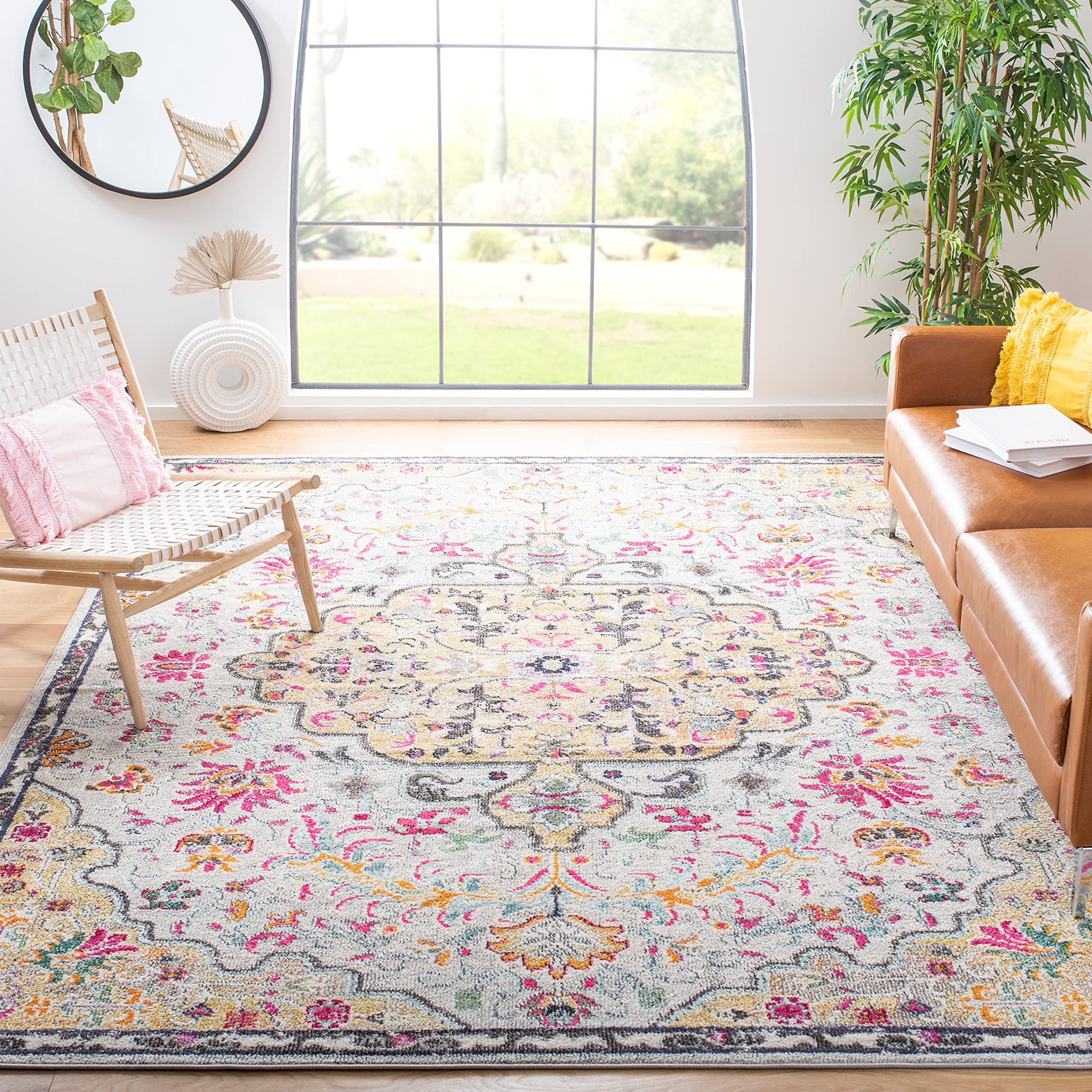 SAFAVIEH Madison Collection 67 Square Grey / Gold MAD447G Boho Chic Medallion Distressed Non-Shedding Living Room Bedroom Dinin
