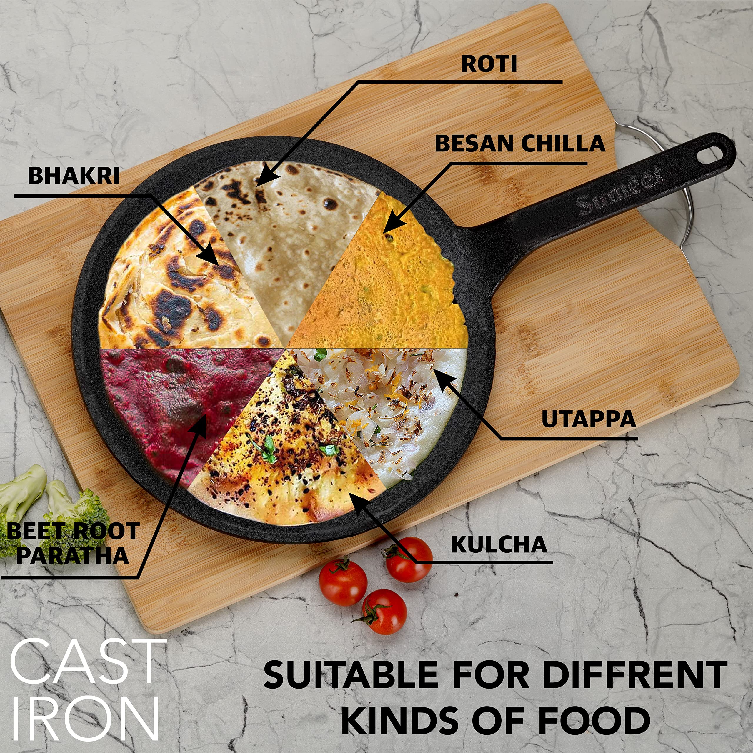 Sumeet Pre Seasoned Cast Iron Roti/Chapati Tawa, 25.6Cm, Weight- 1.690Kg, Black