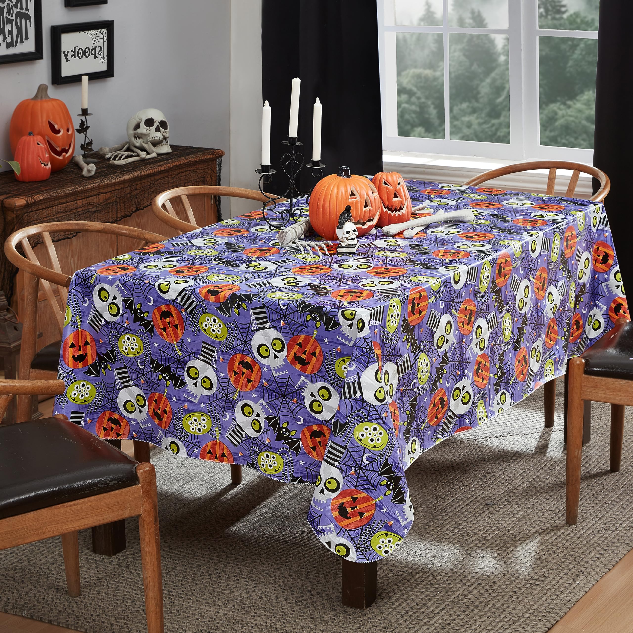 Newbridge Halloween Whimsical Ghoulish Gang 60 X 120 Inch Rectangle Vinyl Flannel Backed Tablecloth, Spooky Skulls, Bats And Pum
