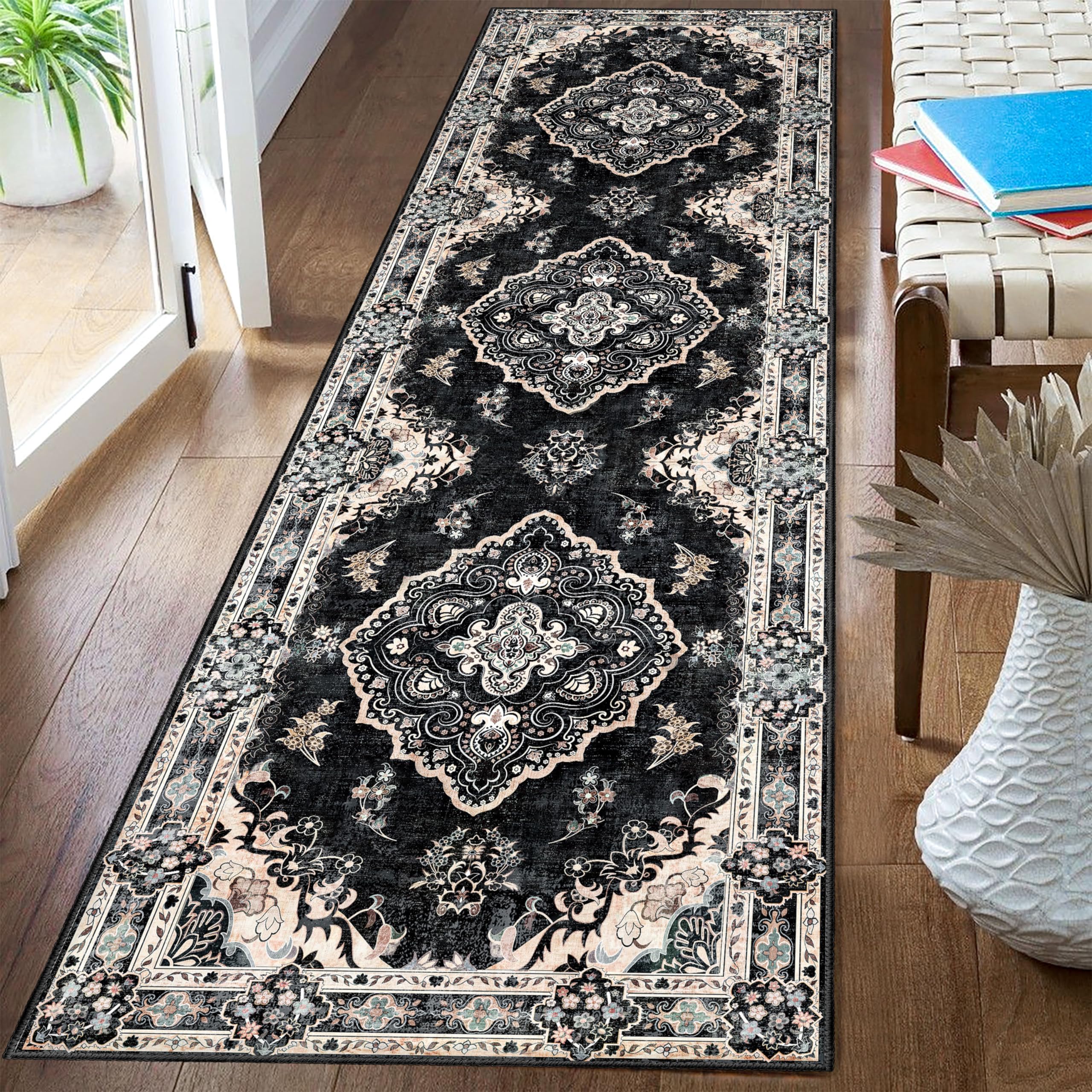 MUJOO Hallway Runner Rug 2x8 Black,Long Boho Rug Runners Washable Non Slip Carpet for Entryway Kitchen Bathroom Bedside,Vintag
