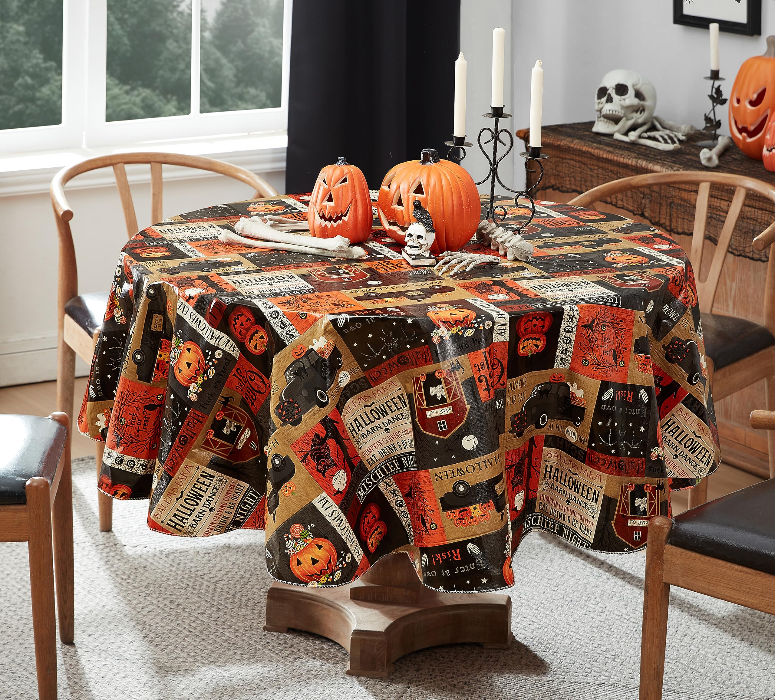 Newbridge Halloween Rustic Spooky Farm 70 Inch Round Vinyl Tablecloth With Flannel Backing, Scary Country Farmyard Ghosts, Haunt