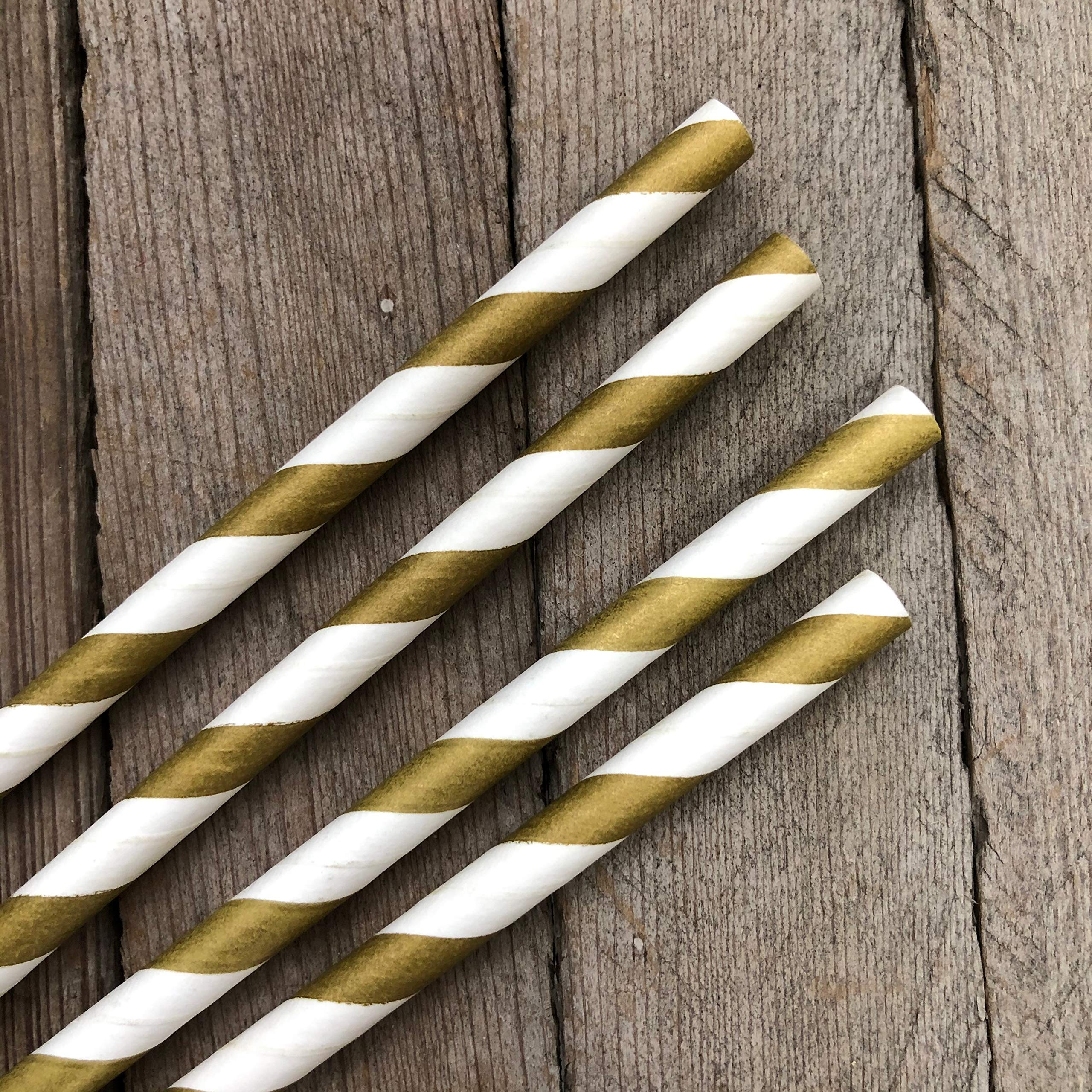 Striped Paper Straws - Gold White - Christmas Holiday Wedding Anniversary Supply - 7.75 Inches - 50 Pack - Outside The Box Paper