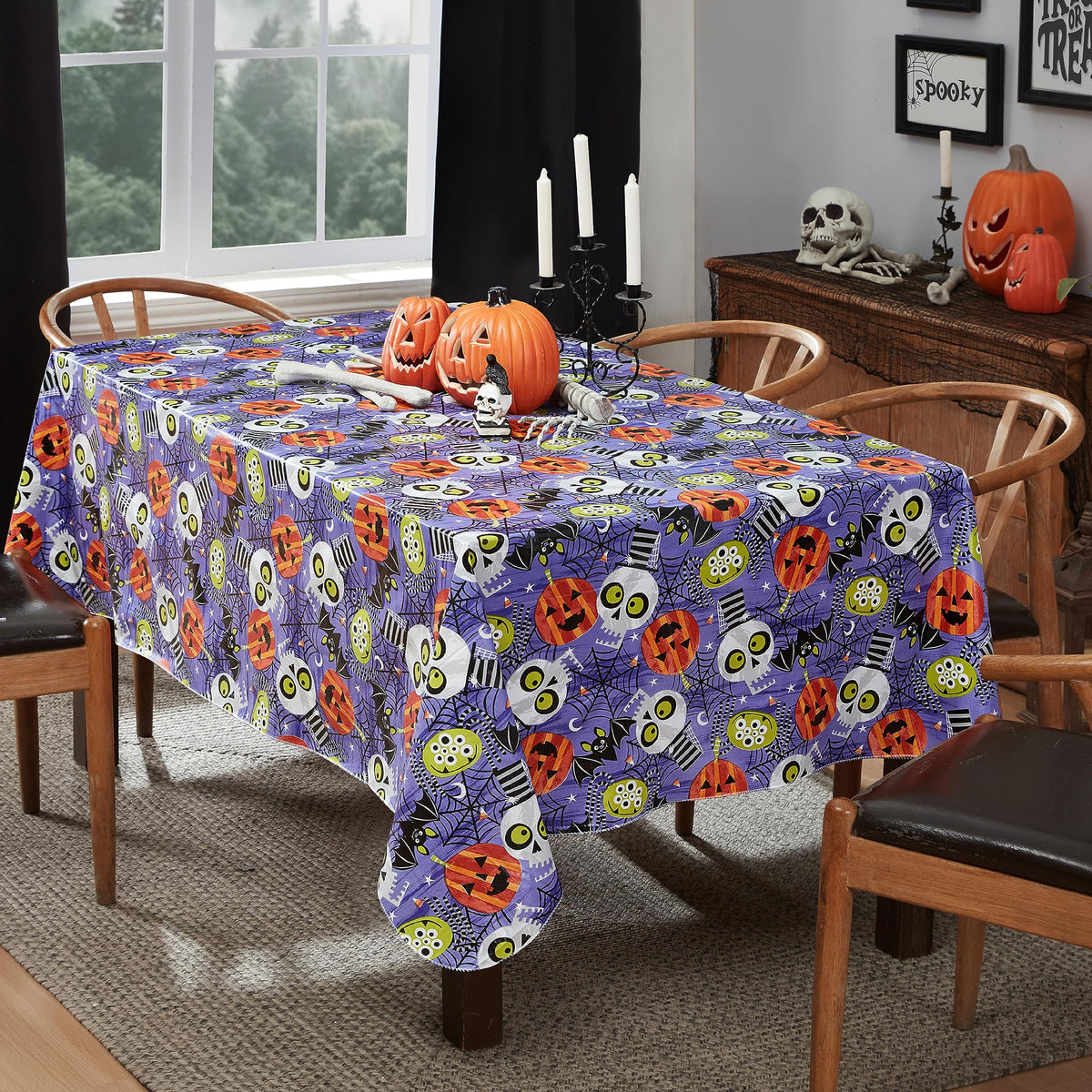 Newbridge Halloween Whimsical Ghoulish Gang 60 X 84 Inch Rectangle Vinyl Flannel Backed Tablecloth, Spooky Skulls, Bats And Pump