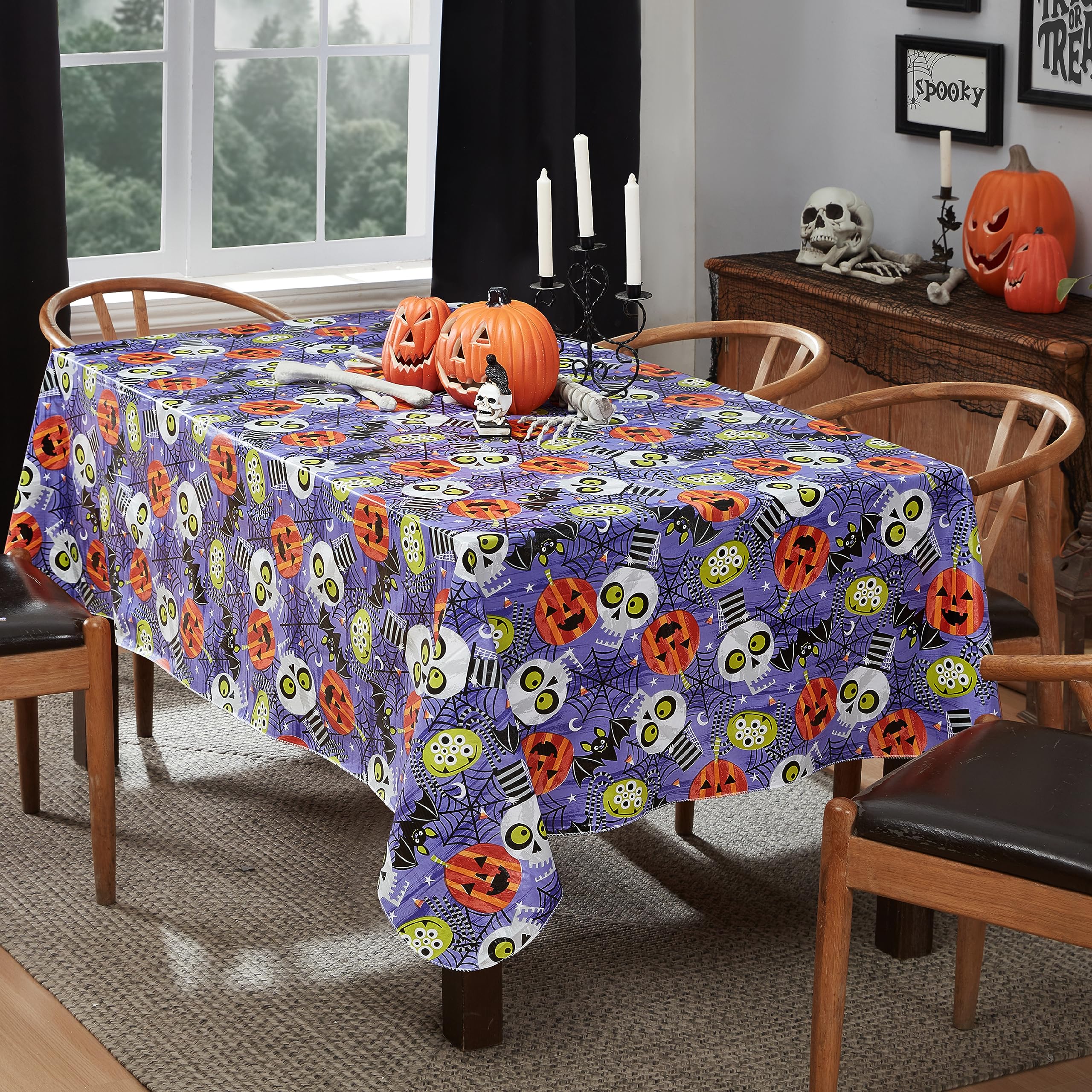 Newbridge Halloween Whimsical Ghoulish Gang 60 X 120 Inch Rectangle Vinyl Flannel Backed Tablecloth, Spooky Skulls, Bats And Pum