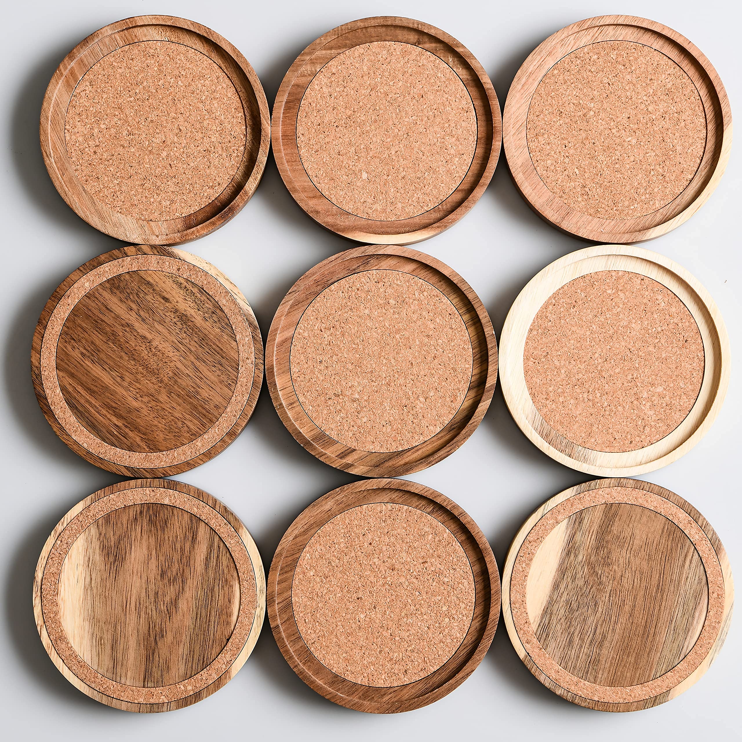 Acacia Wood Coasters for Drinks  4.13 Inch  Set of 6  Absorbent and Insulation Cork Stackable Cup Holders  Rustic Coasters for Wooden Table  Designed by S1EGAN