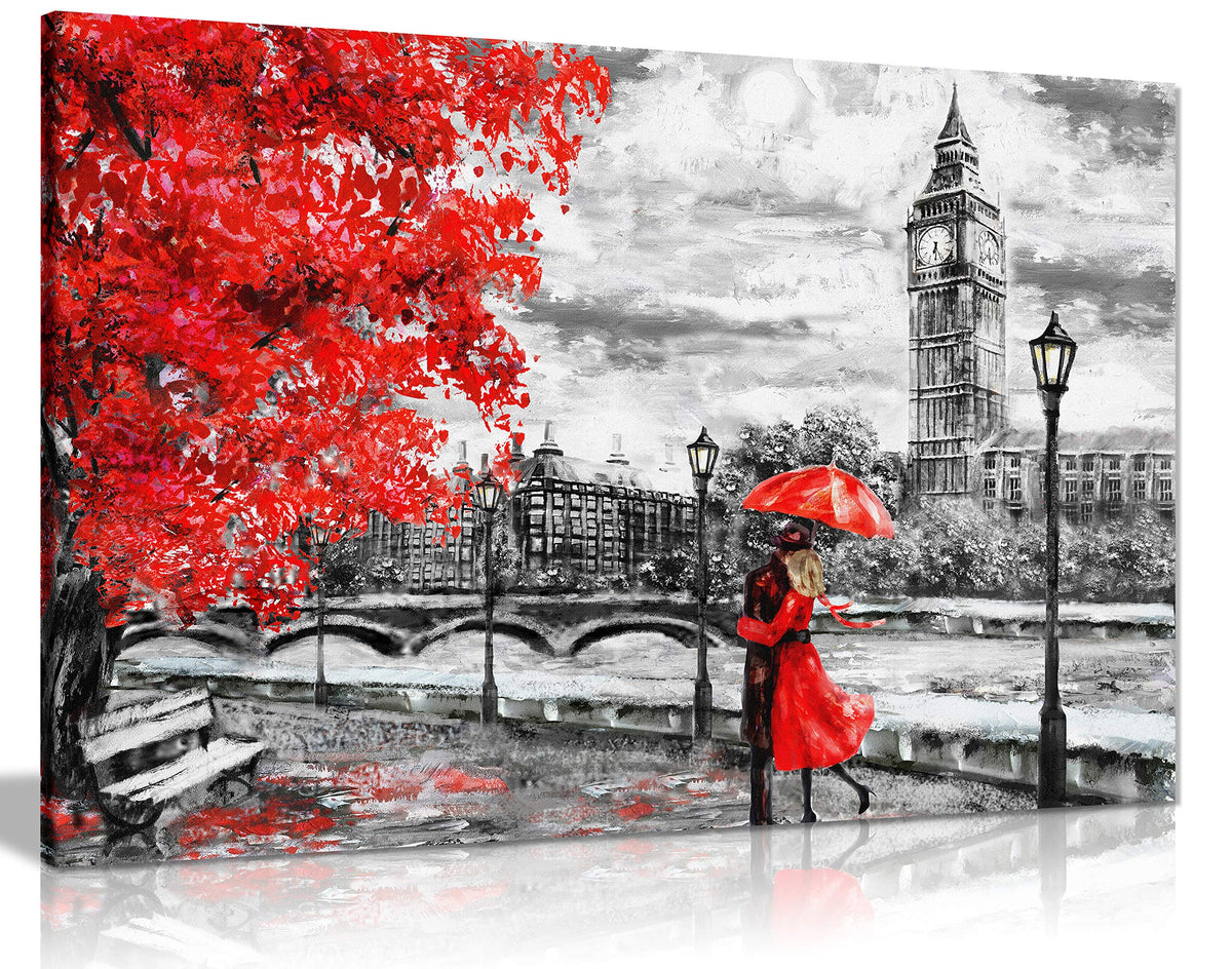 London Oil Painting Artwork Reproduction Big Ben Red Umbrealla Canvas Wall Art Picture Print (18X12)