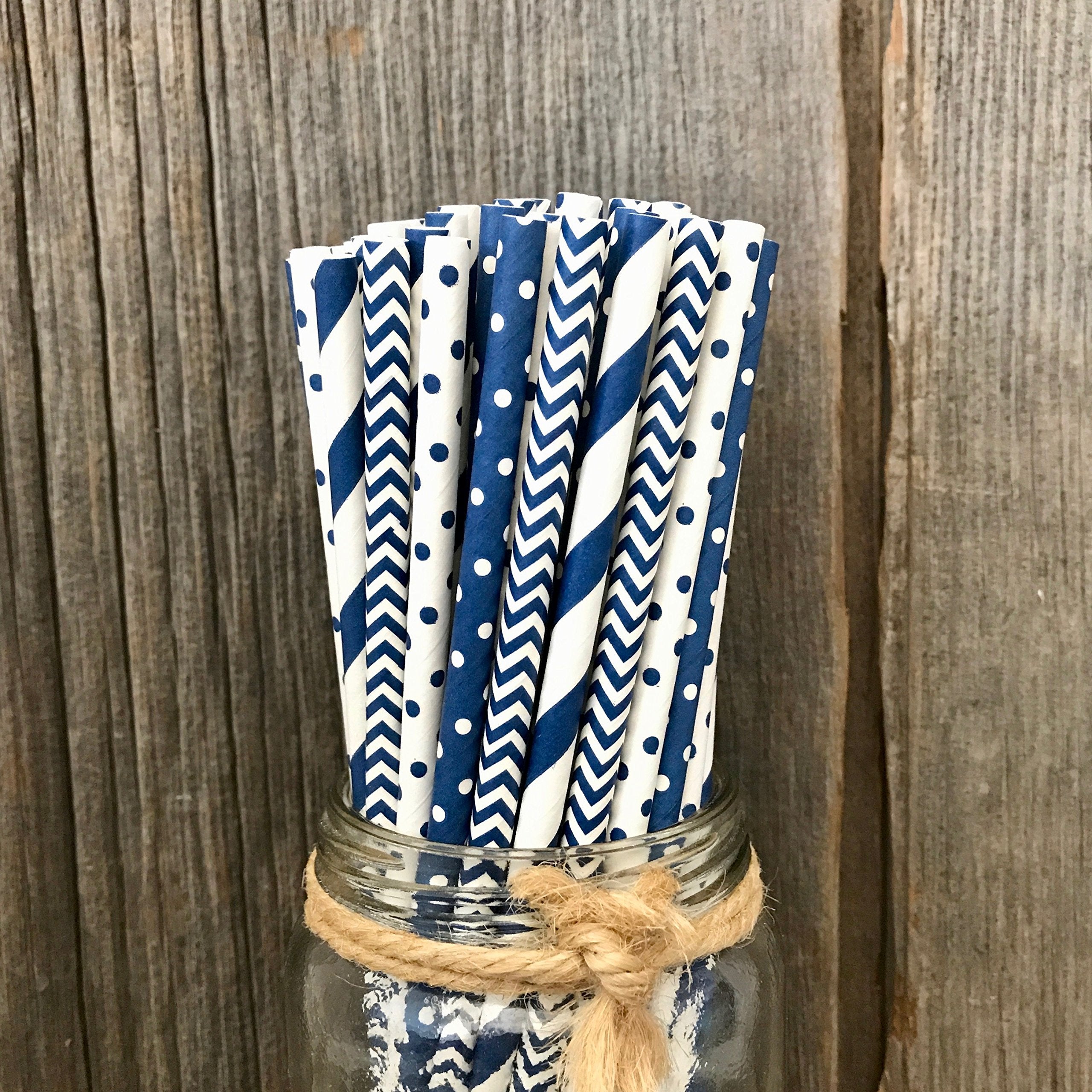 Paper Straws - Navy Blue And White - Stripe Chevron Polka Dot - 7.75 Inches - 100 Pack - Outside The Box Papers Brand