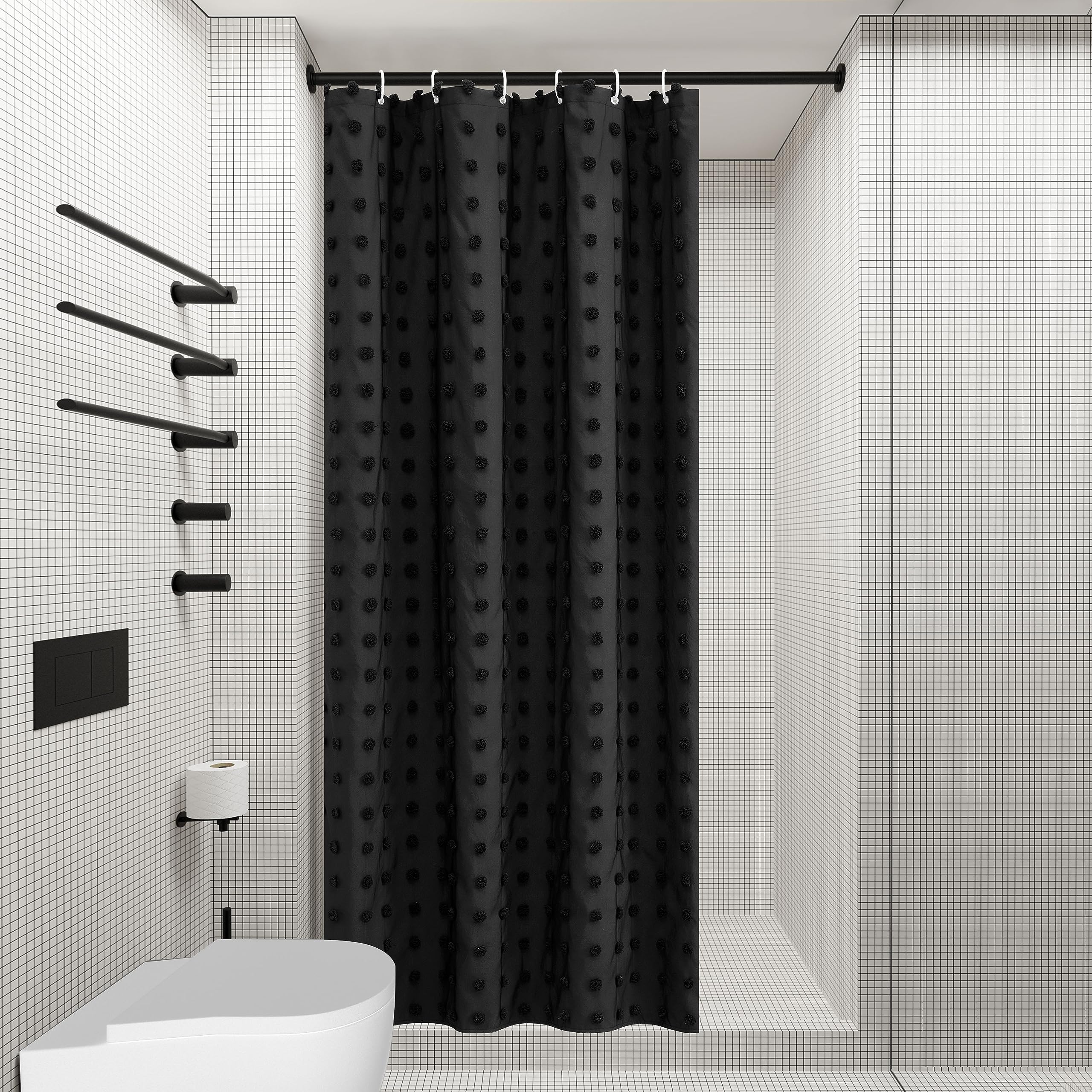 Siiluminisoy Small Stall Black Boho Shower Curtain Woven Fabric Cute Shower Curtain, 36 X 72 Tufted Pleat Floral Textured Modern