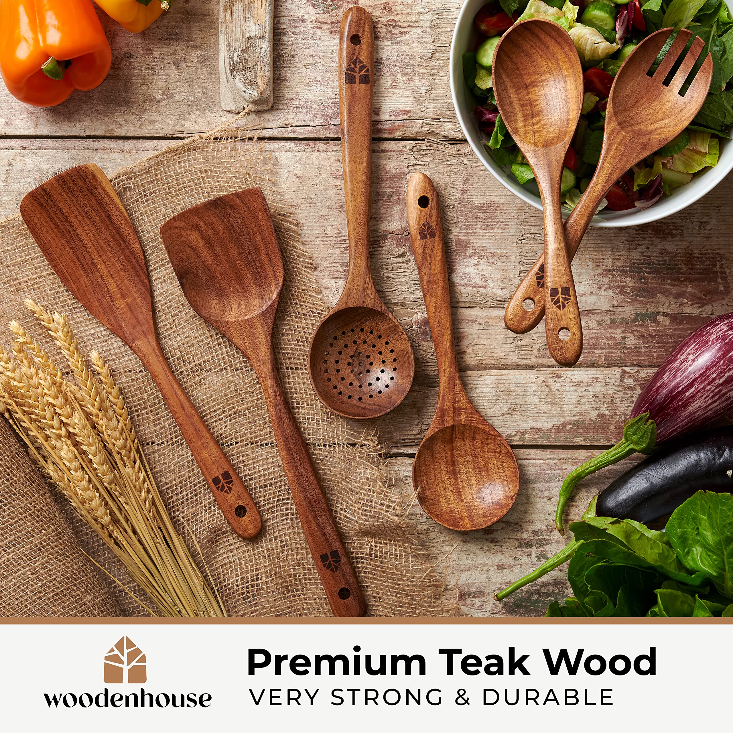 WOODENHOUSE Wooden Spoons Set - 6 Pcs Teak Kitchen Utensils, Comfortable Grip, Non-Stick Cooking Tools