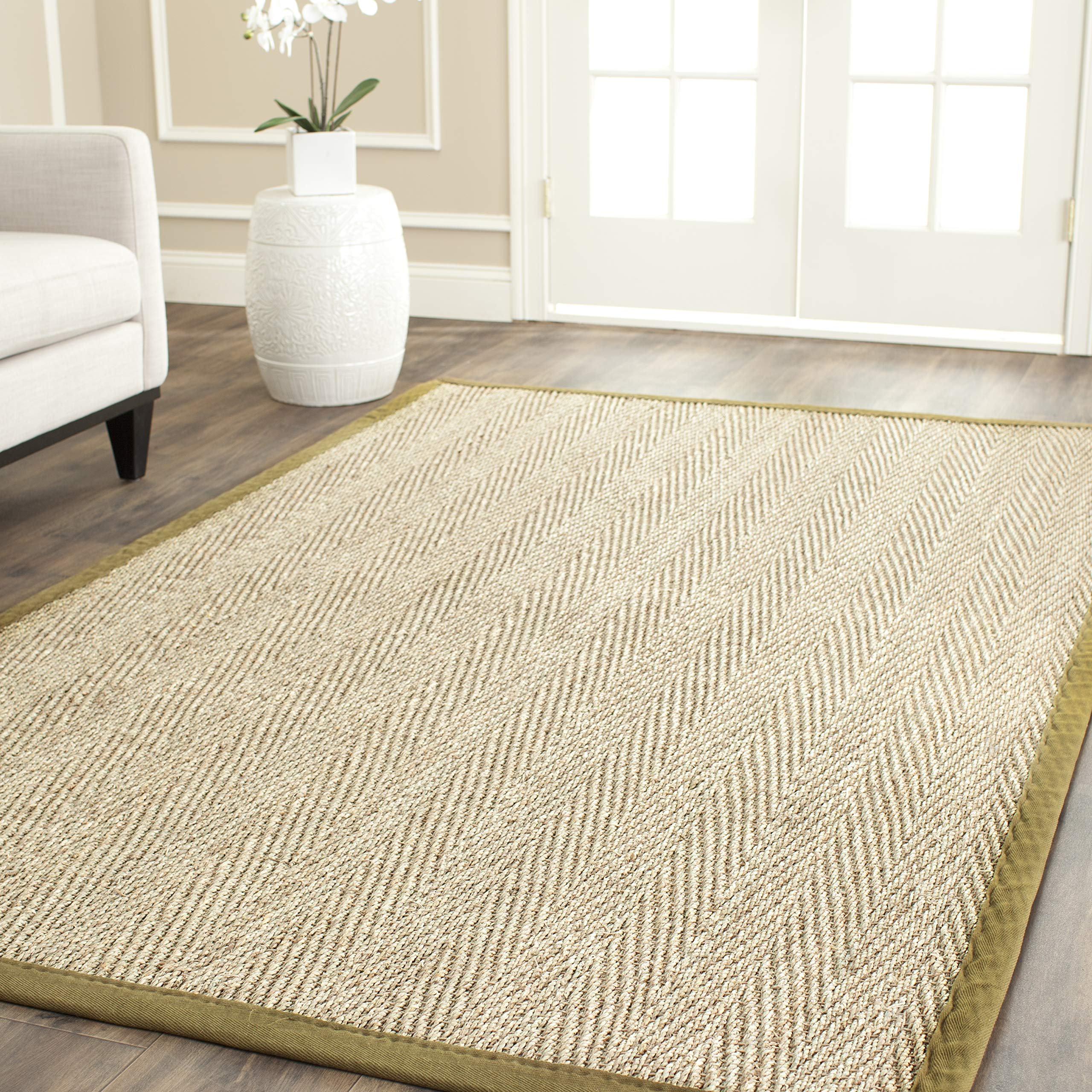 Safavieh Natural Fiber Collection Area Rug - 5 x 8, Natural & Olive, Border Herringbone Seagrass Design, Easy Care, Ideal for 
