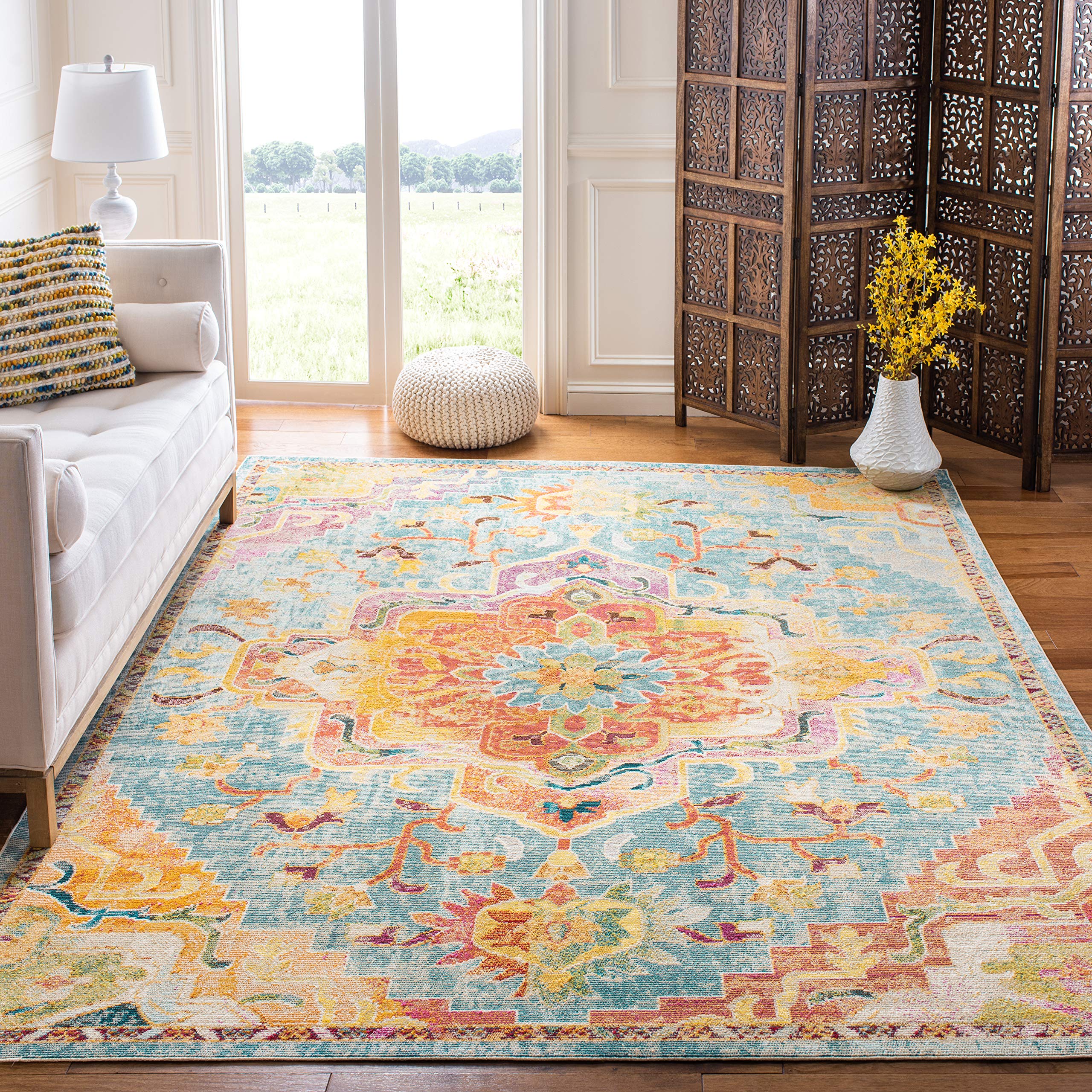 SAFAVIEH Crystal Collection Area Rug - 8 Square, Orange & Teal, Medallion Distressed Design, Non-Shedding & Easy Care, Ideal fo