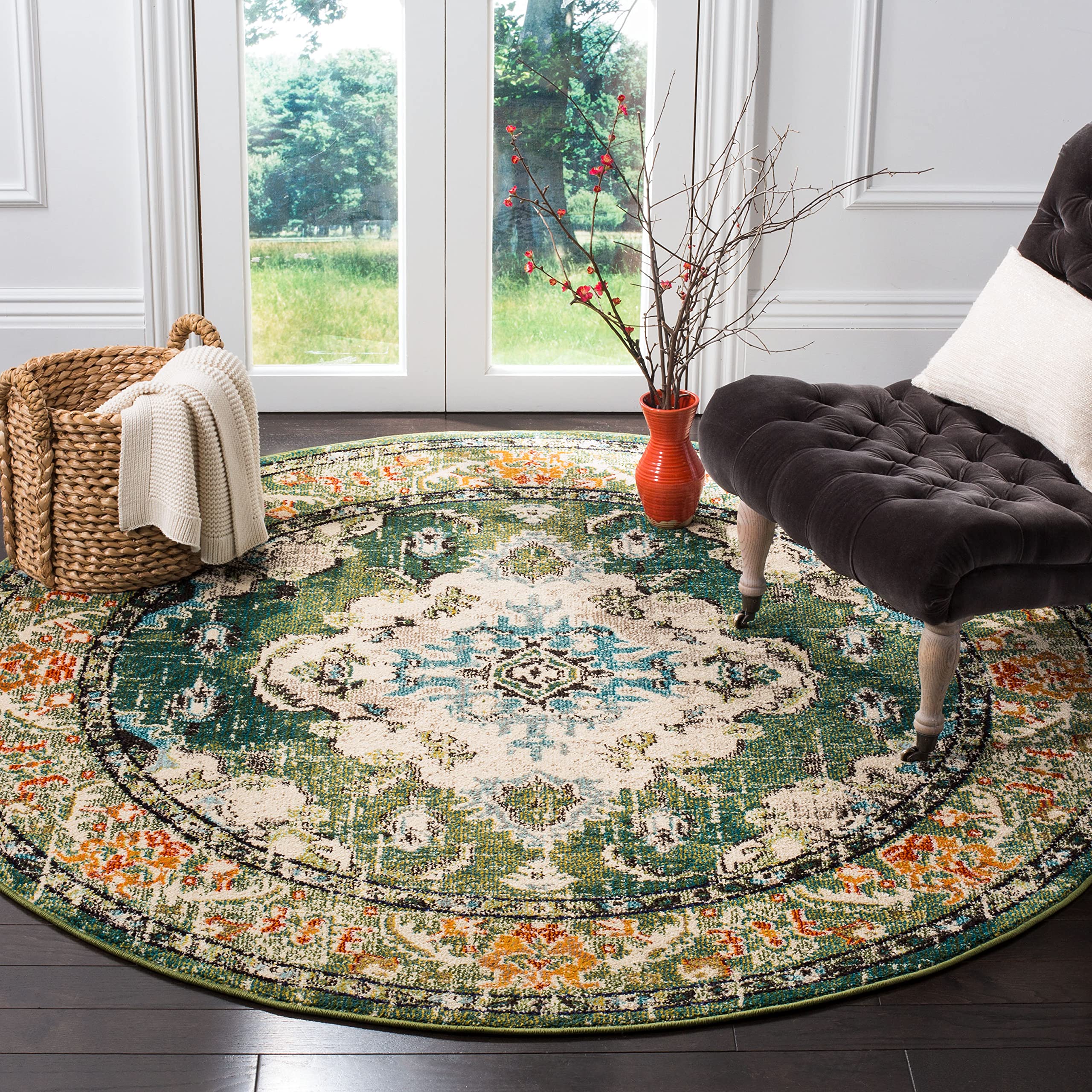 SAFAVIEH Monaco Collection Area Rug - 12 Round, Forest Green & Light Blue, Medallion Distressed Design, Non-Shedding & Easy Car