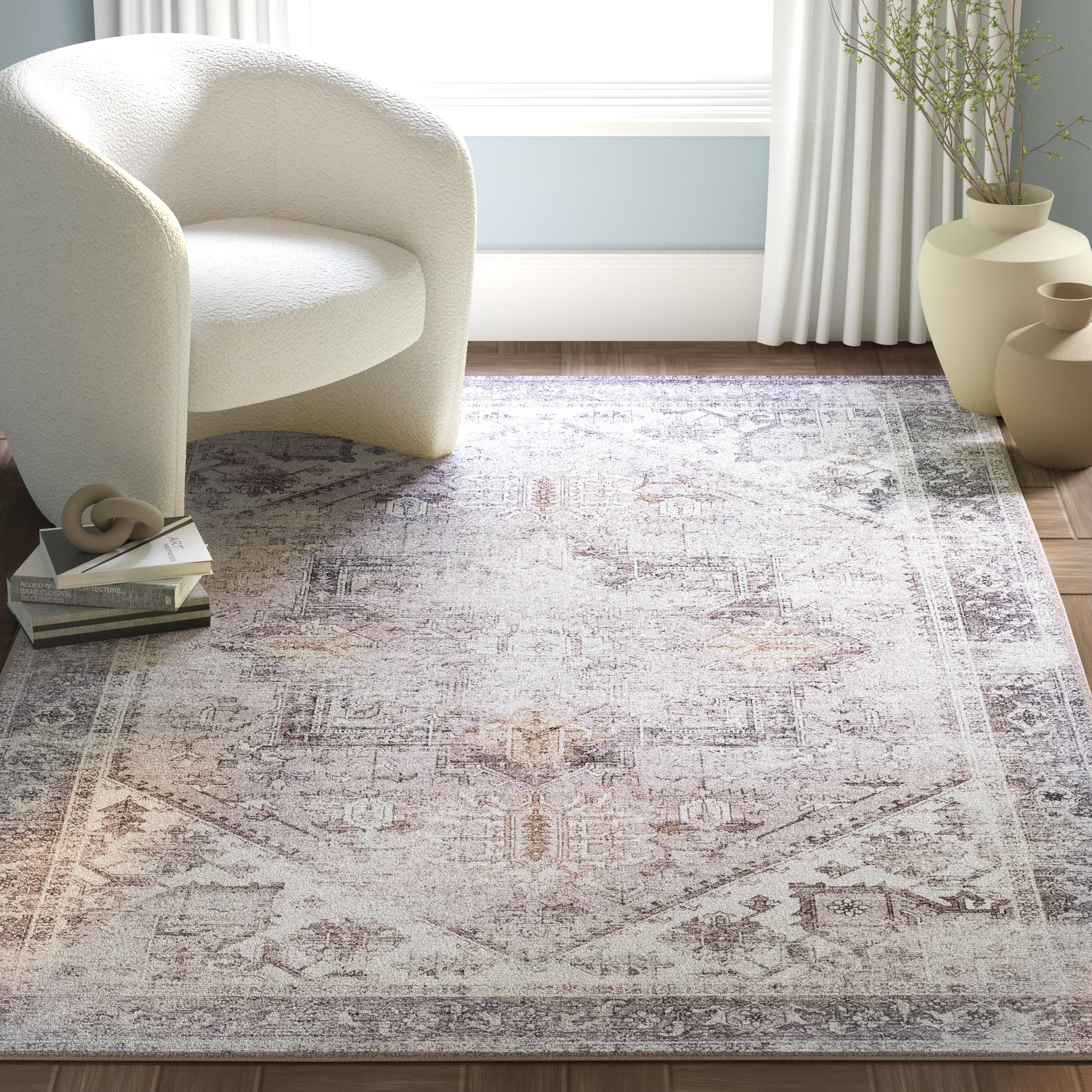 SAFAVIEH Washable Rug Tucson Collection - 26 x 4, Beige & Grey, Slip Resistant, Ideal for High Traffic Areas in Entryway, Hall