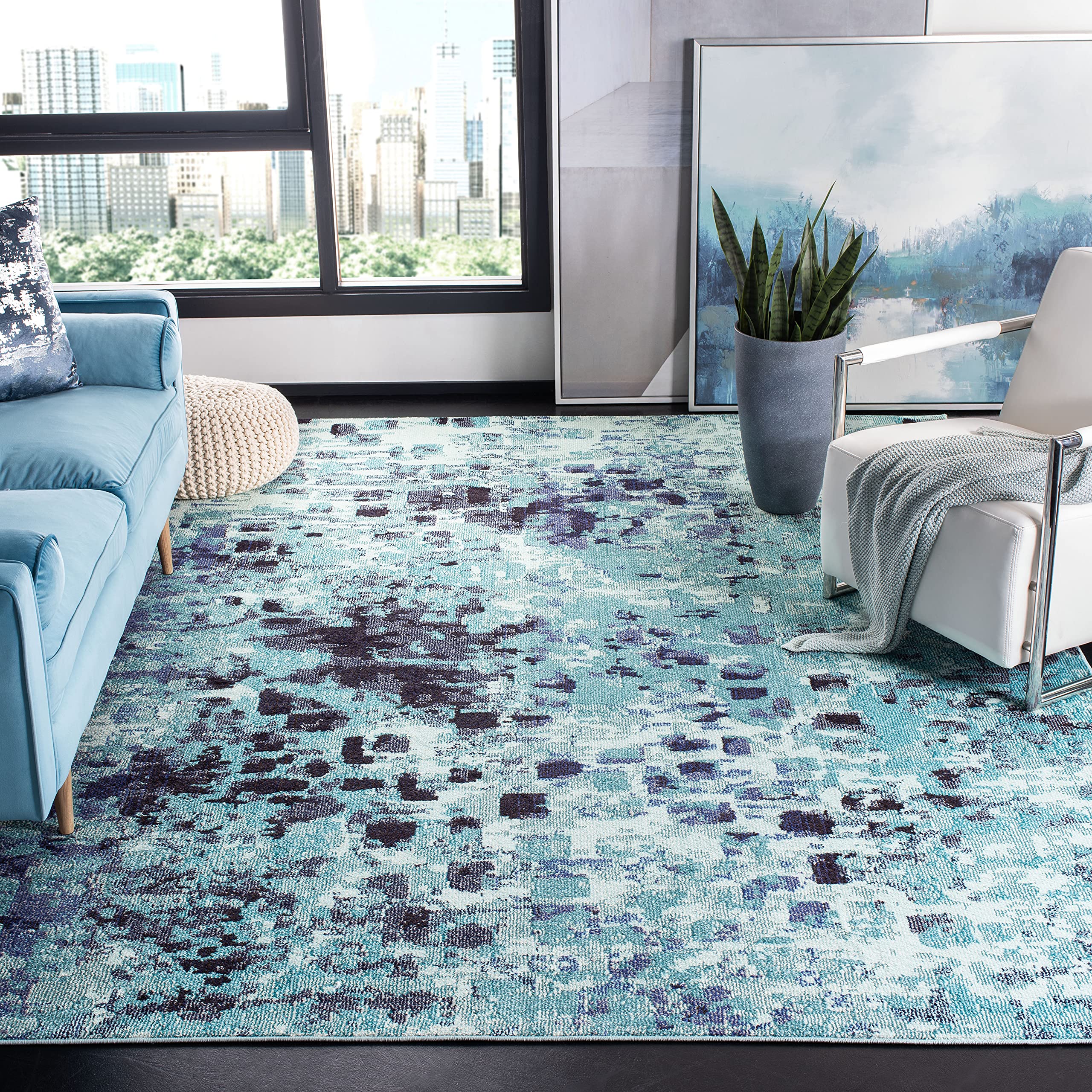 SAFAVIEH Madison Collection 67 Square Turquoise / Navy MAD425J Boho Abstract Distressed Non-Shedding Living Room Bedroom Dining