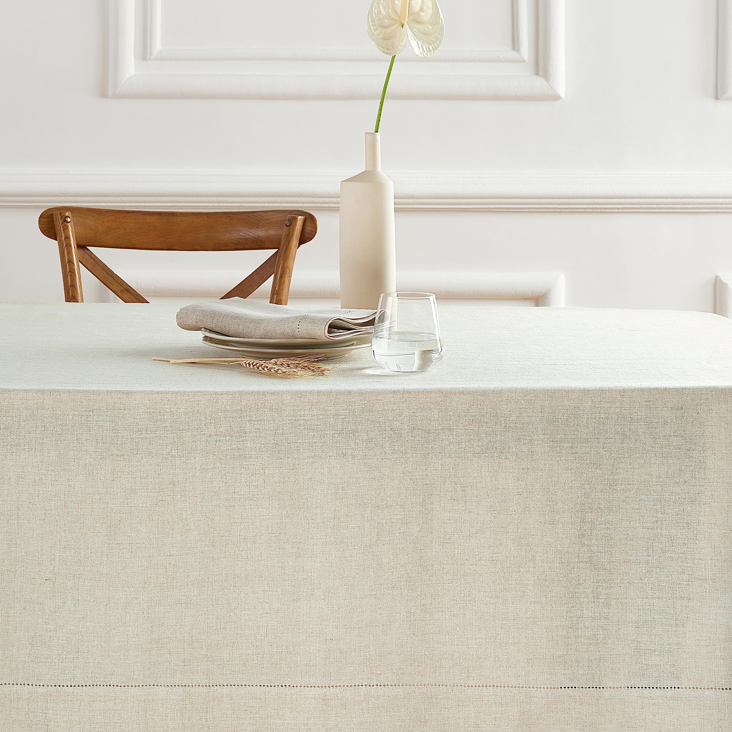 Solino Home Flax Linen Tablecloth 90'' L X 70'' W Inch - Sonoma Hemstitch 100% Pure Linen Prewashed Table Cloth For Rectangle Ta