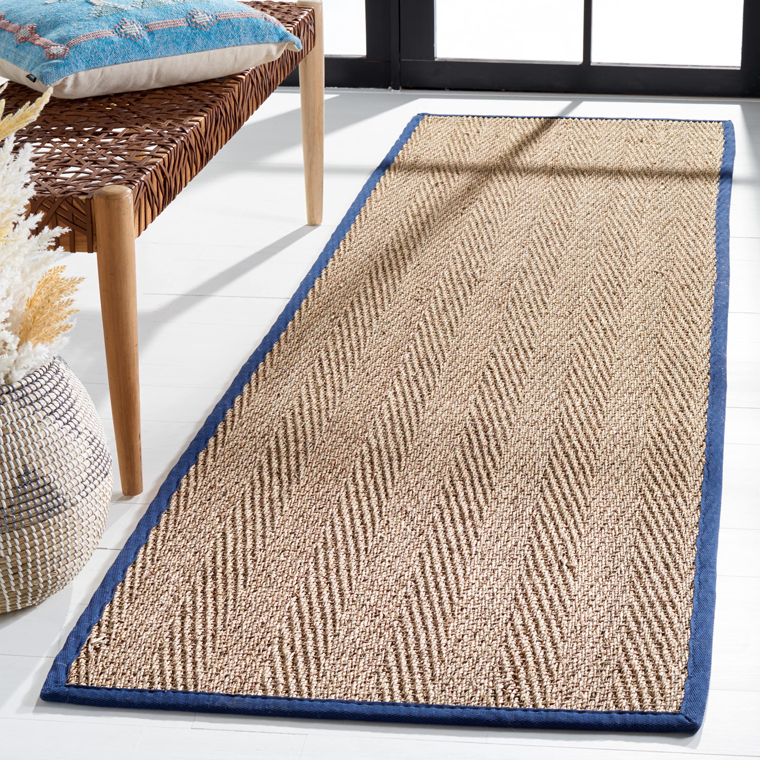 Safavieh Natural Fiber Collection Runner Rug - 26 x 16, Natural & Blue, Border Herringbone Seagrass Design, Easy Care, Ideal f