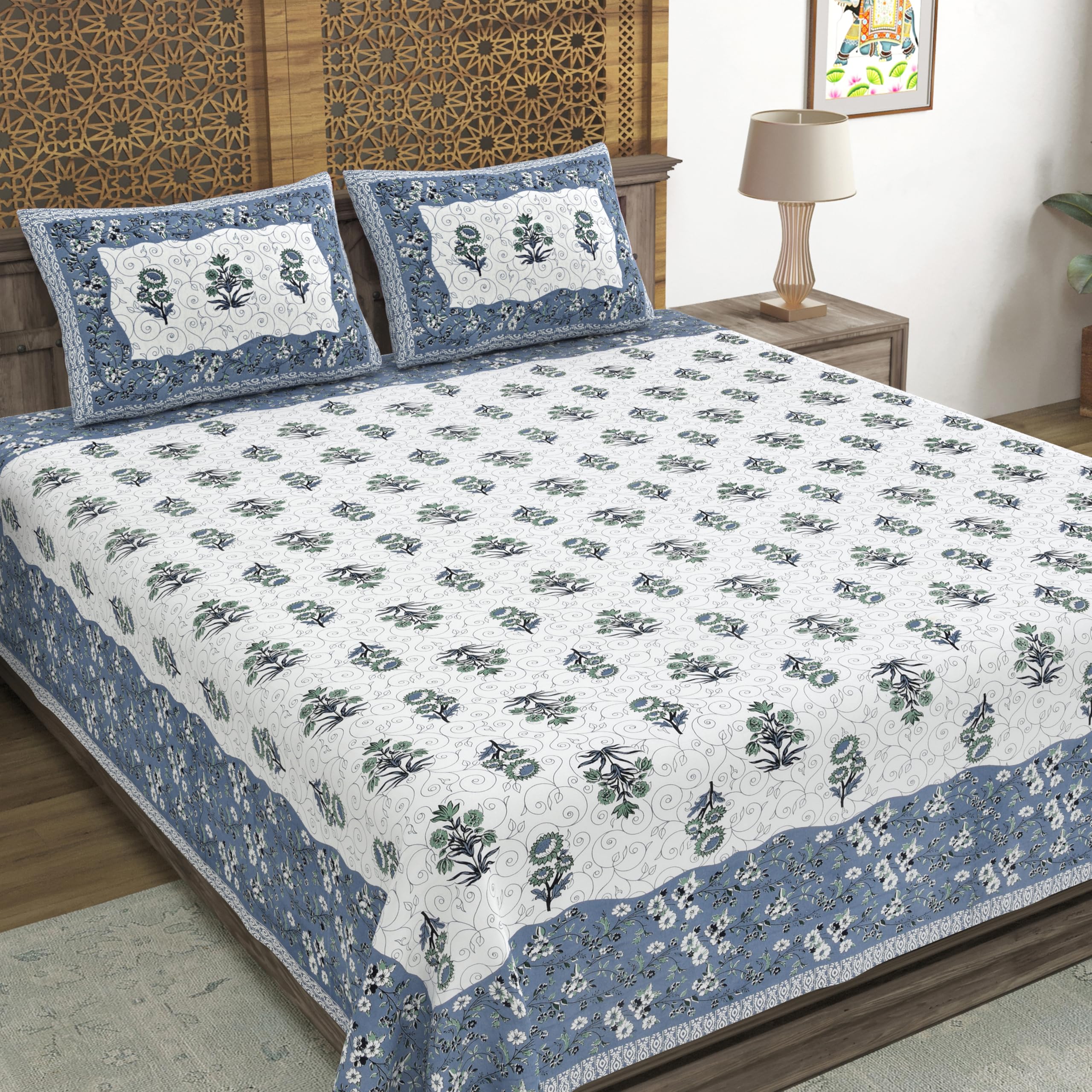 Blocks Of India Hand Block Printed 300 Tc Cotton Super King Size Bedsheet(106 X 106) (Gad Blue)