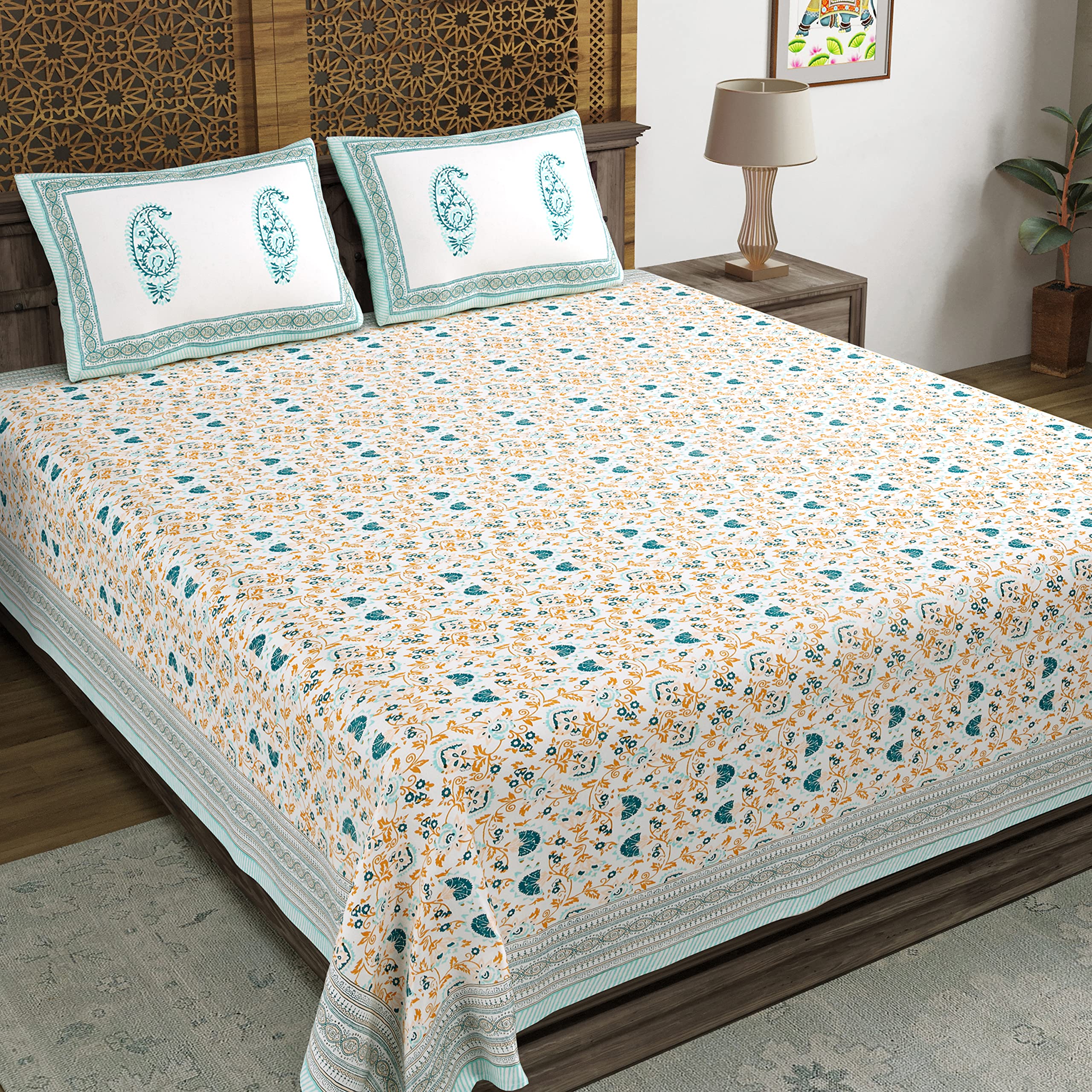 Blocks Of India Hand Block Printed 200 Tc Cotton King Size Bedsheet (Turquoise Jaal)