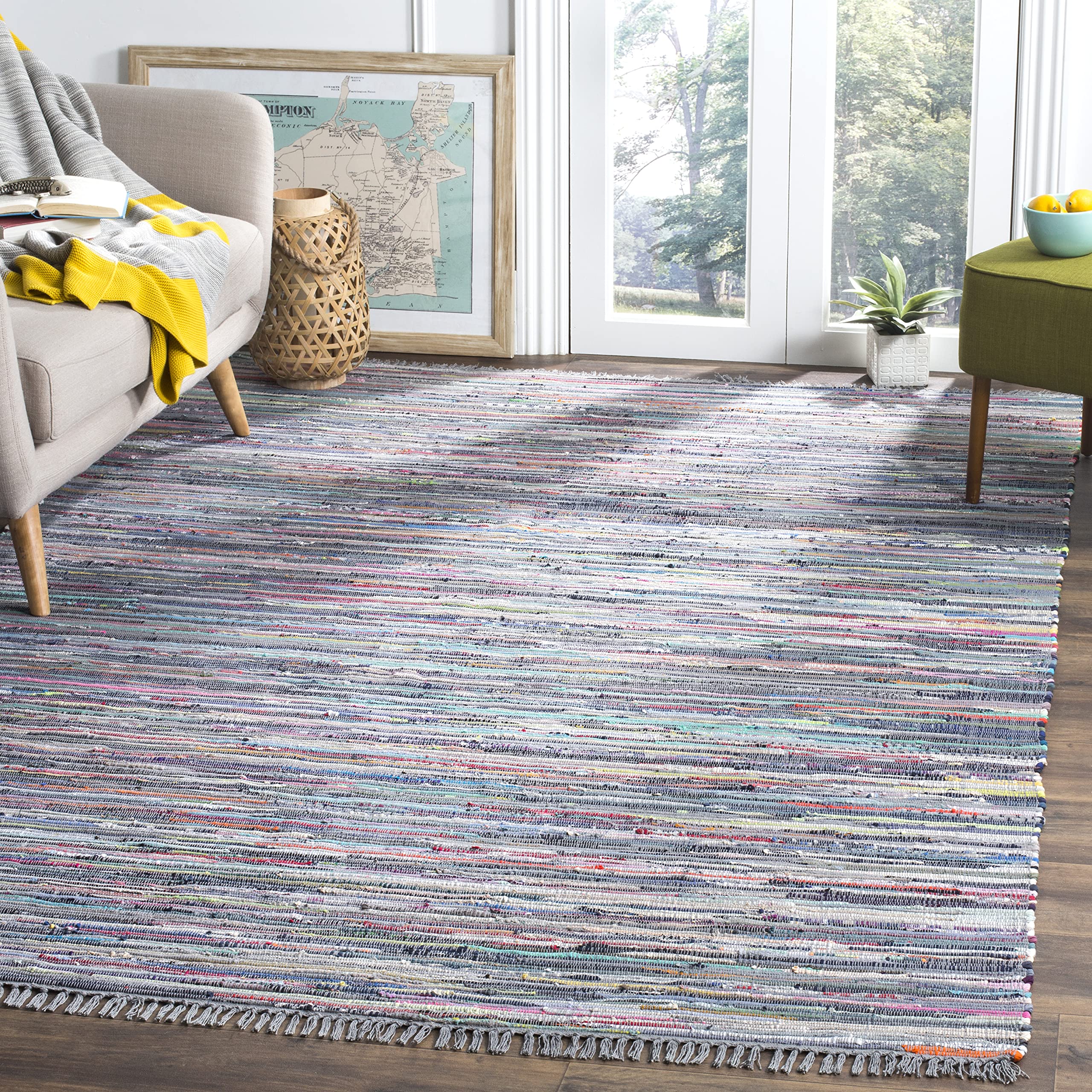 SAFAVIEH Rag Rug Collection 4 Square Aqua / Multi RAR121K Handmade Boho Stripe Cotton Area Rug