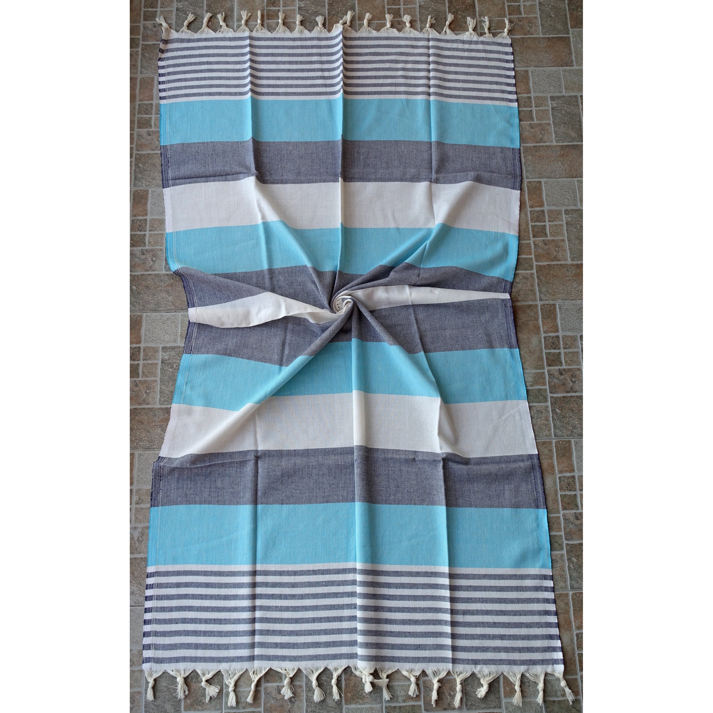 Dandelion - Palette Pattern - Naturally-Dyed Cotton Turkish Towel Peshtemal - 71X39 Inches - Dark Blue & Turquoise