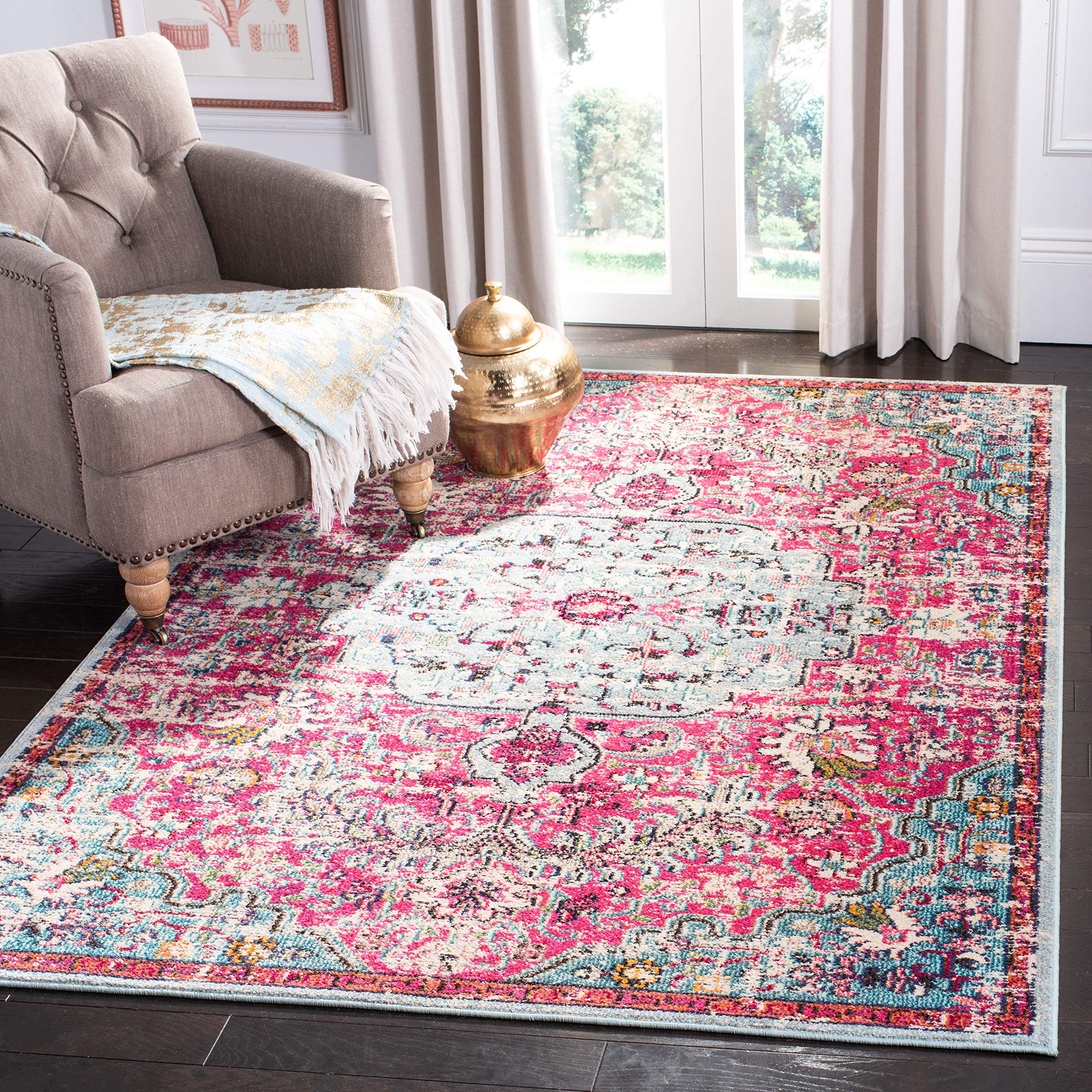 SAFAVIEH Madison Collection Area Rug - 53 x 76, Fuchsia & Teal, Boho Chic Medallion Distressed Design, Non-Shedding & Easy Car