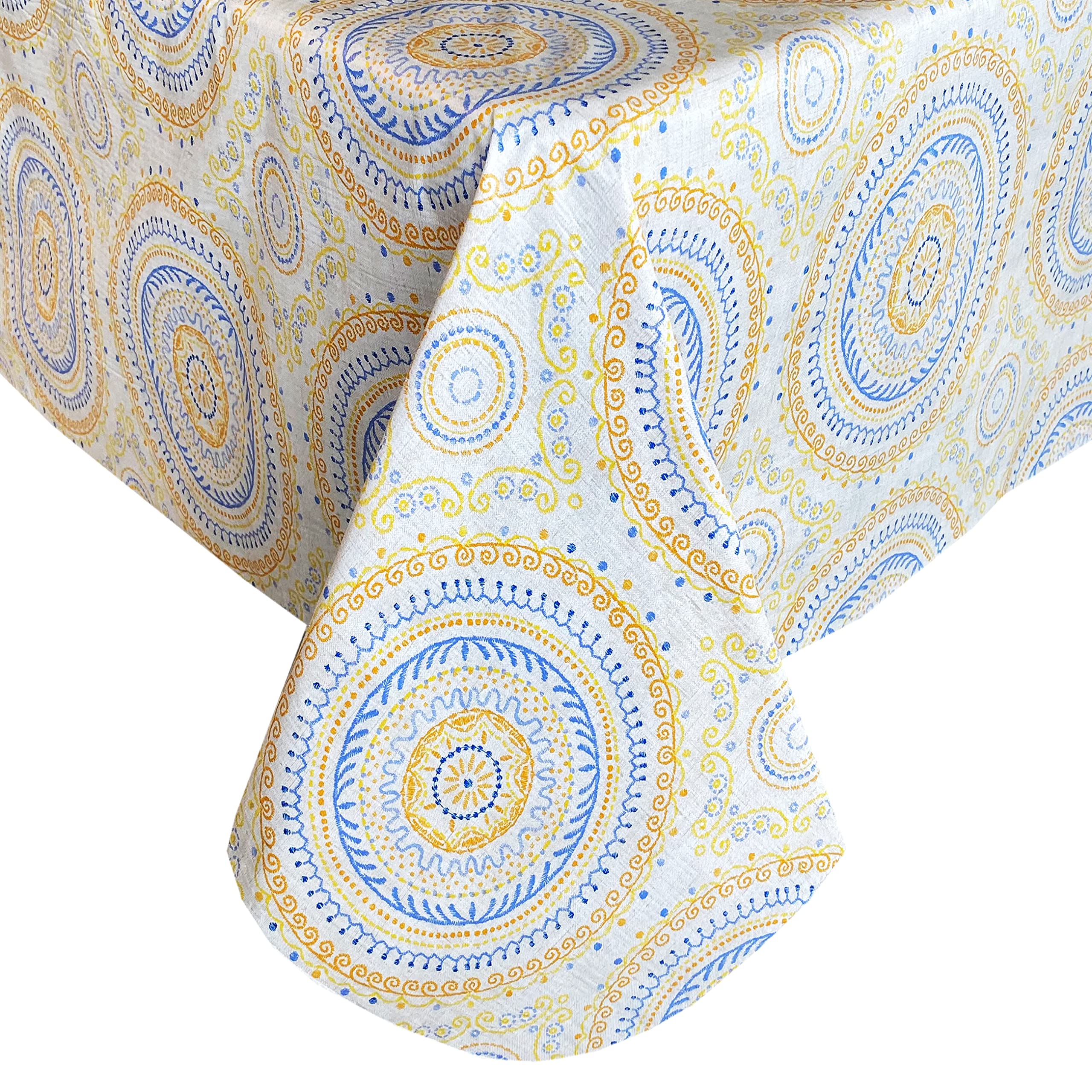 Newbridge Boho Circle Stitch Vinyl Tablecloth With Flannel Backing, Blue, Yellow And Coral Spring And Summer Indoor Outdoor Flan