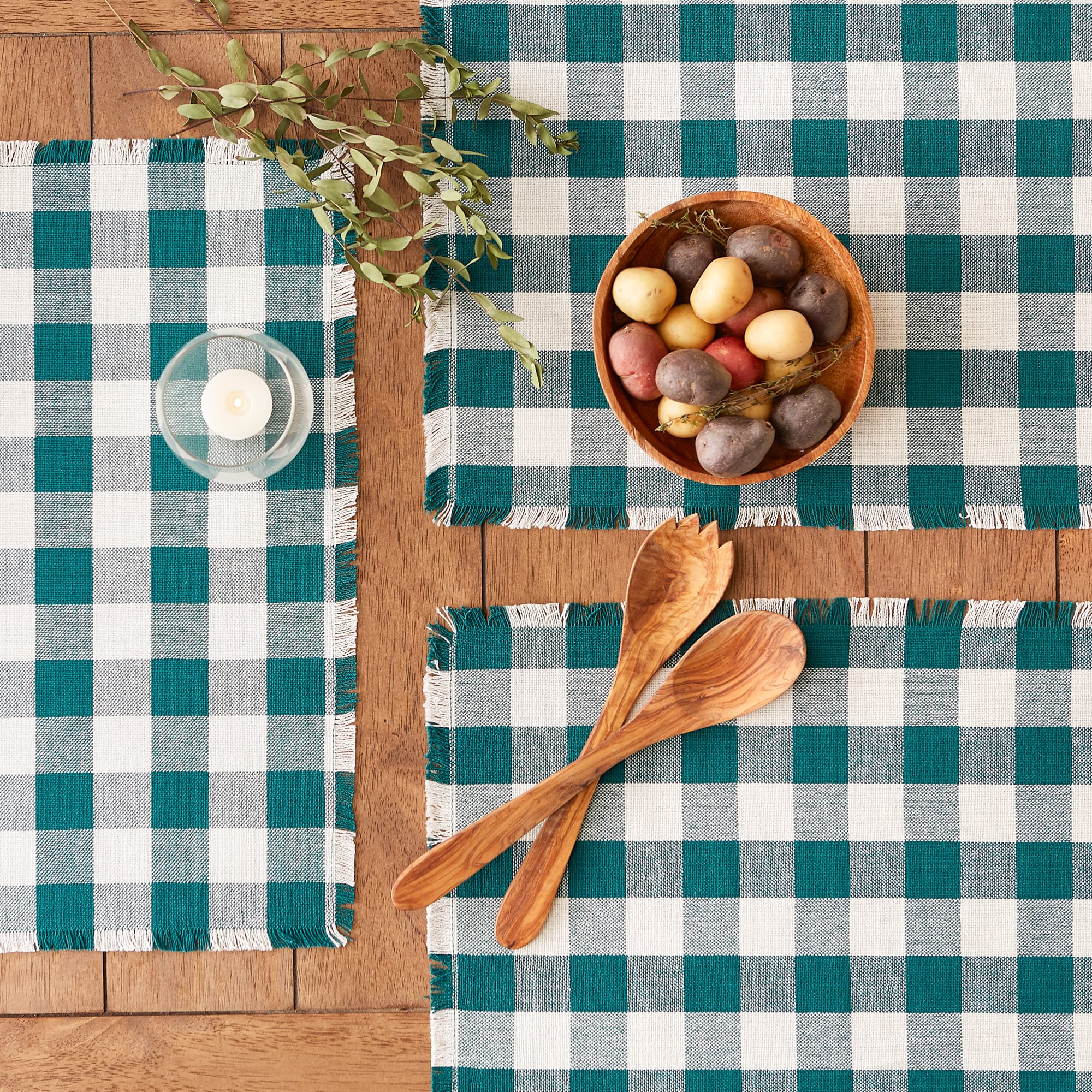 Dii Heavyweight Fringed Check Tabletop Collection, Placemat Set, 13X19, Teal, 6 Piece
