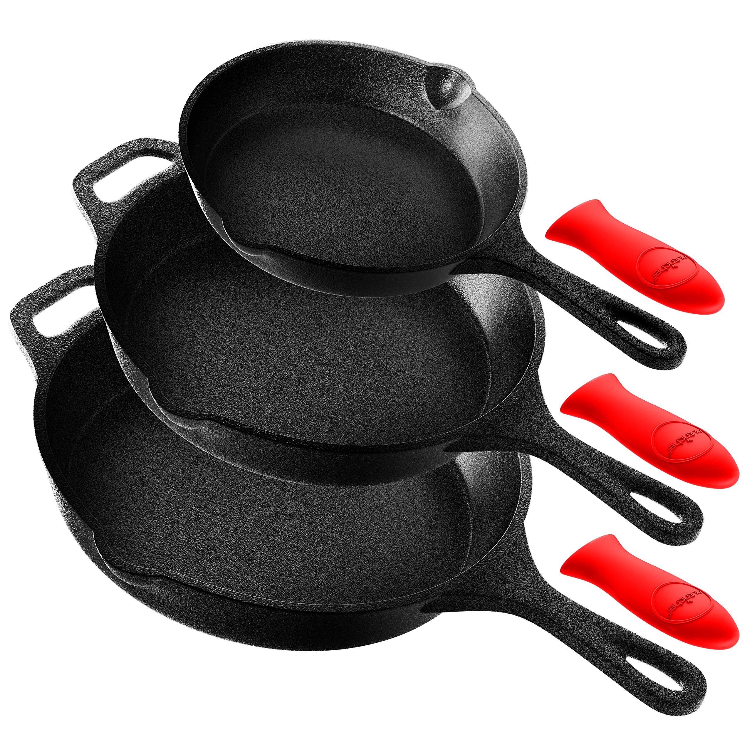 Nutrichef 3Pc Cast Iron Skillet Set - Nonstick Pans With Drip Spout, Silicone Handles, For All Cooktops