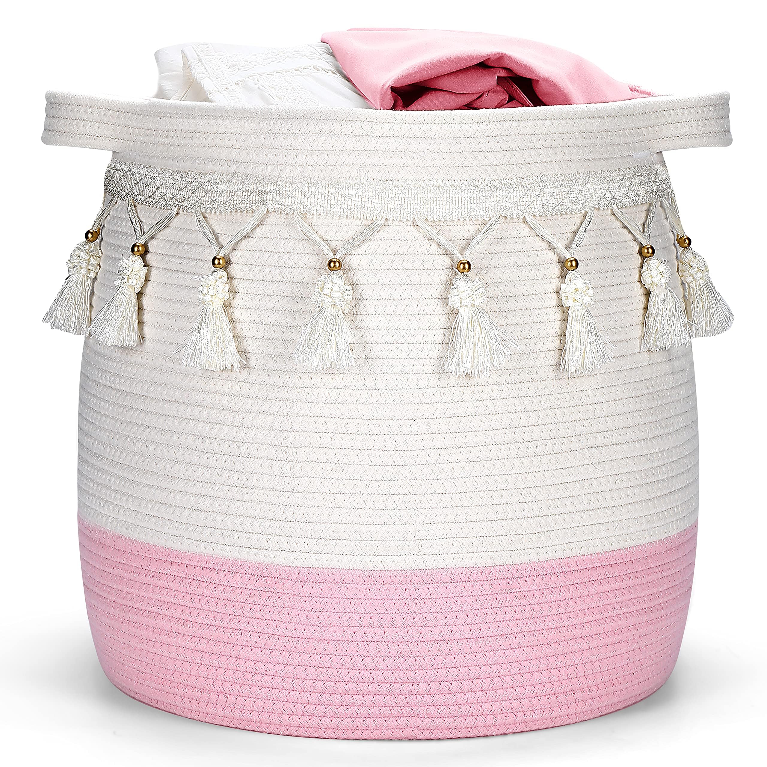 Childishness Ndup Large Cotton Rope Basket, Tassel Woven Storage Basket For Toy, Laundry And Blanket Organizer Basket, Round Ham
