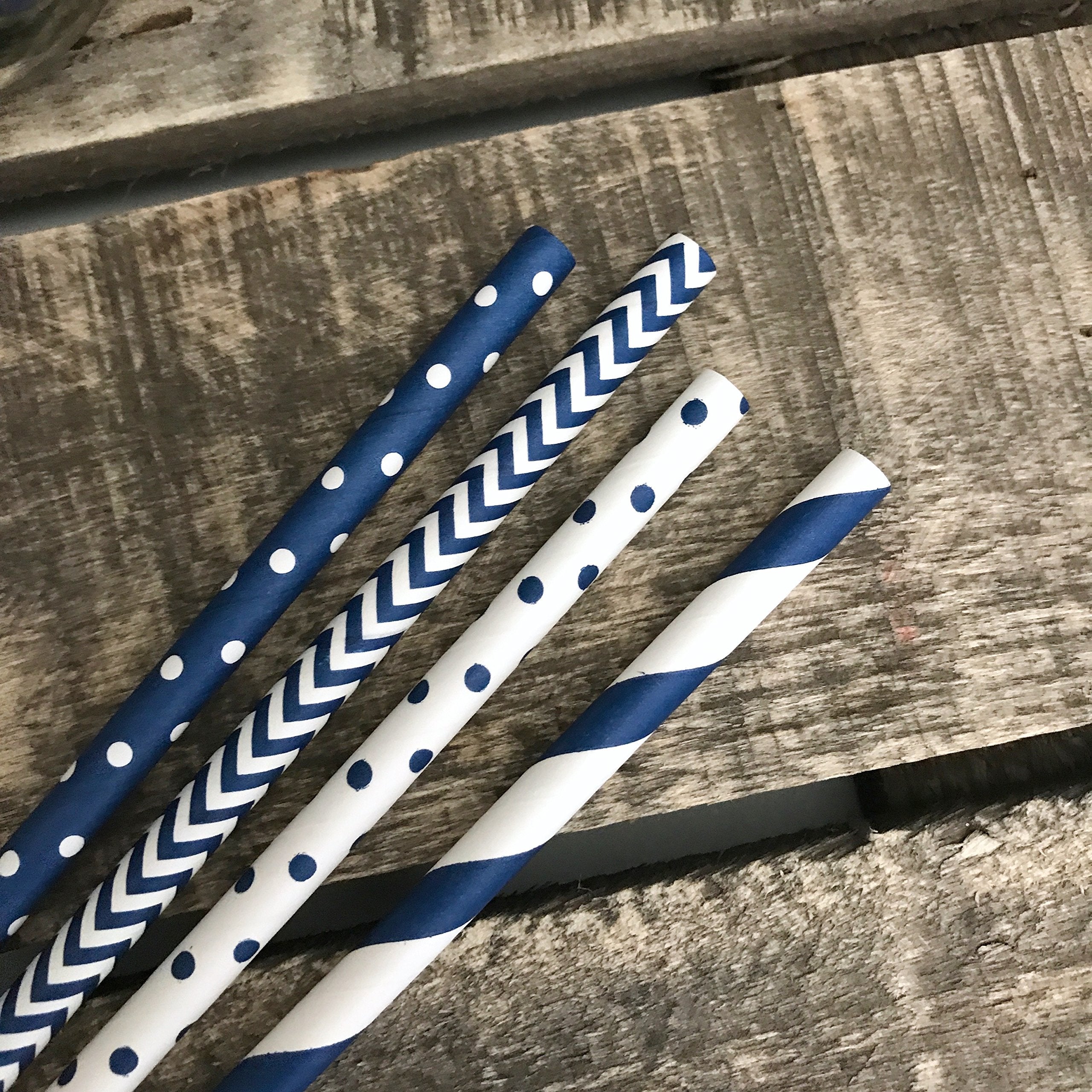 Paper Straws - Navy Blue And White - Stripe Chevron Polka Dot - 7.75 Inches - 100 Pack - Outside The Box Papers Brand