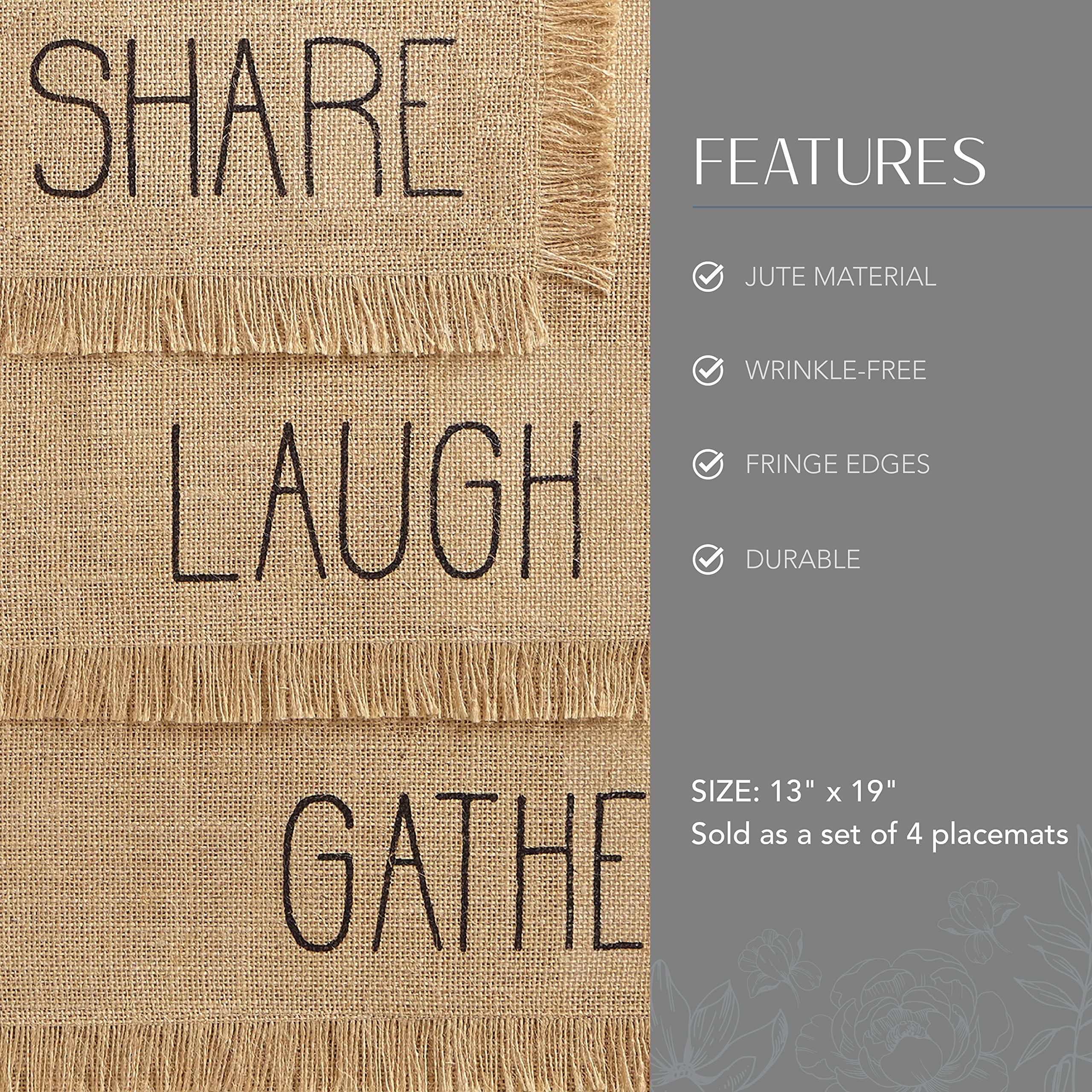 Elrene Home Fashions Farmhouse Living Sentiments Placemats, Burlap Placemats, Tan, Set Of 4
