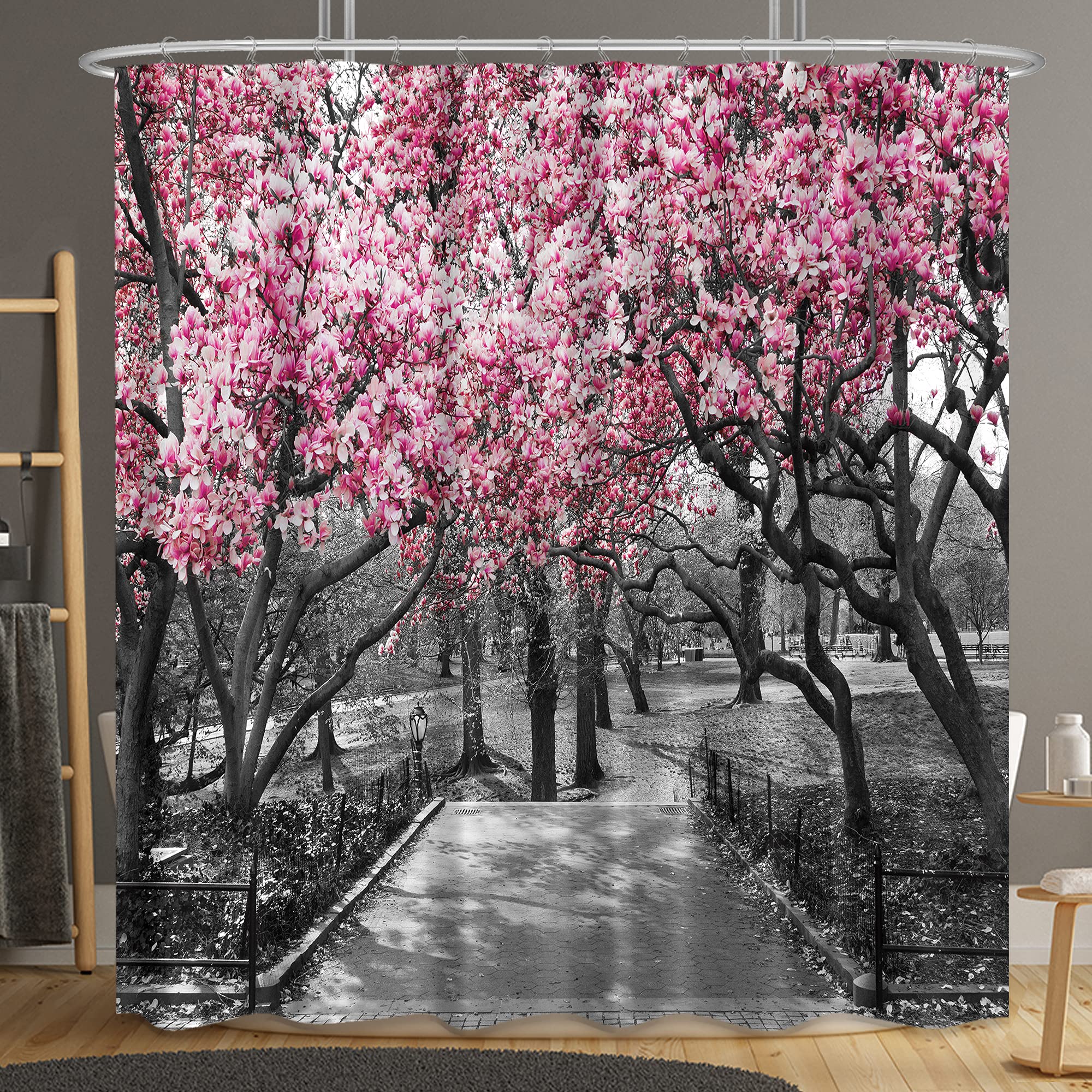 Riyidecor Blooming Pink And Gray Shower Curtain Forest Flowers Cherry Blossoms Park Spring Floral Trees Road Landscape Scenic Fa
