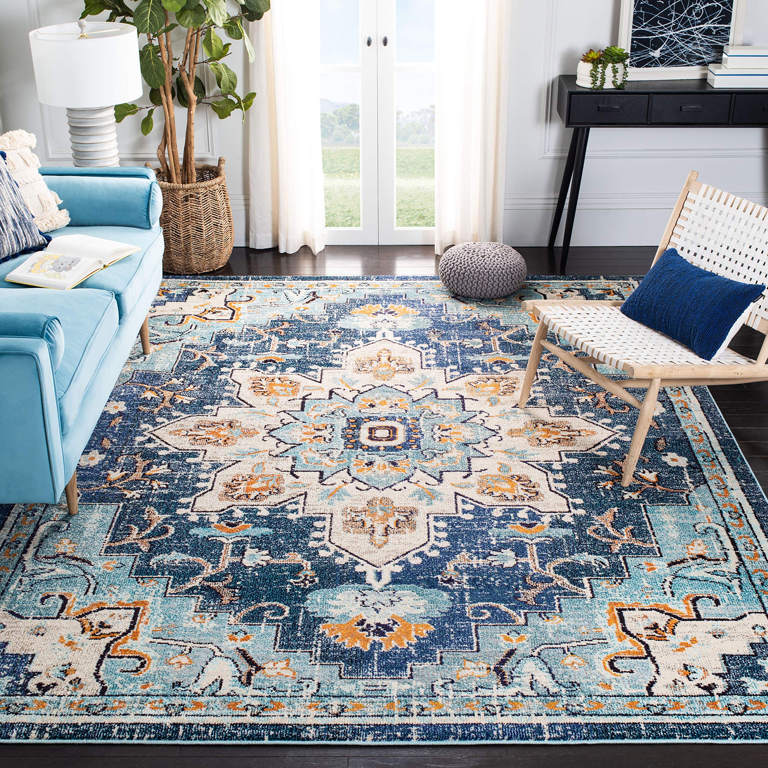SAFAVIEH Madison Collection Area Rug - 6 x 9, Blue & Light Blue, Boho Chic Medallion Distressed Design, Non-Shedding & Easy Ca