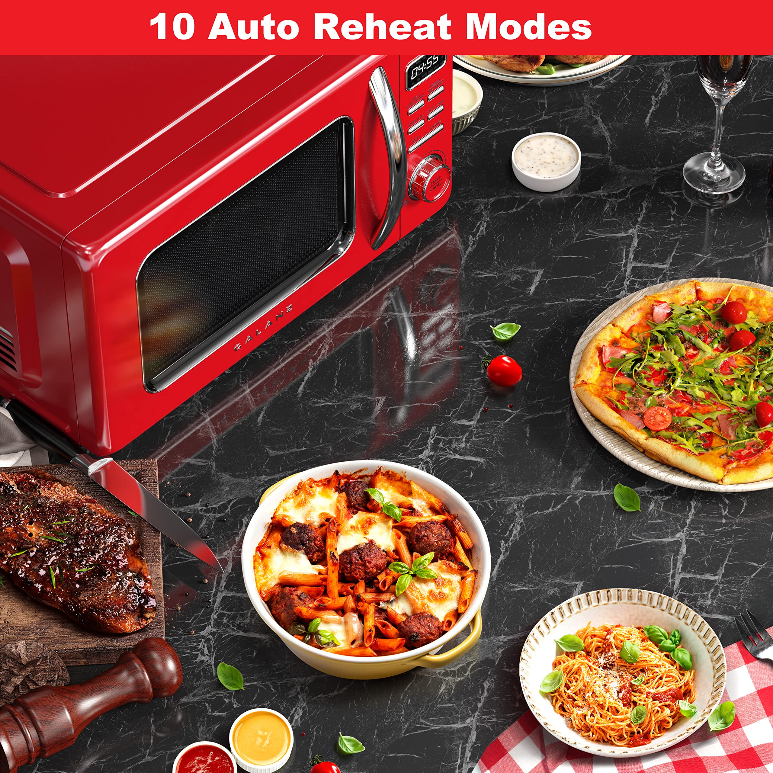 Galanz GLCMKZ11RDR10 Retro Countertop Microwave Oven with Auto Cook & Reheat, Defrost, Quick Start Functions, Easy Clean with Gl